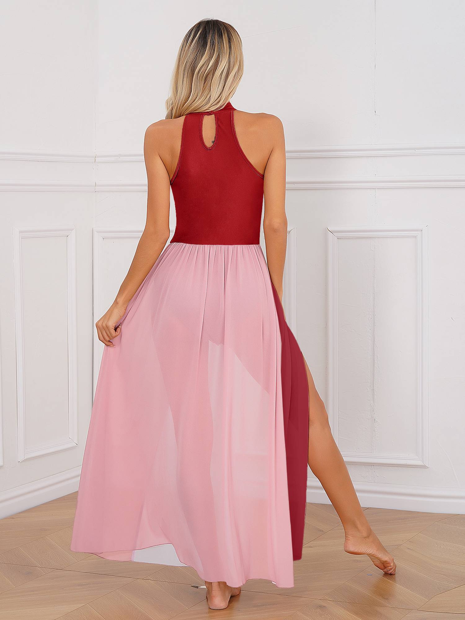 Women Color Block Sleeveless Side Slit Lyrical Dance Midi Dresses