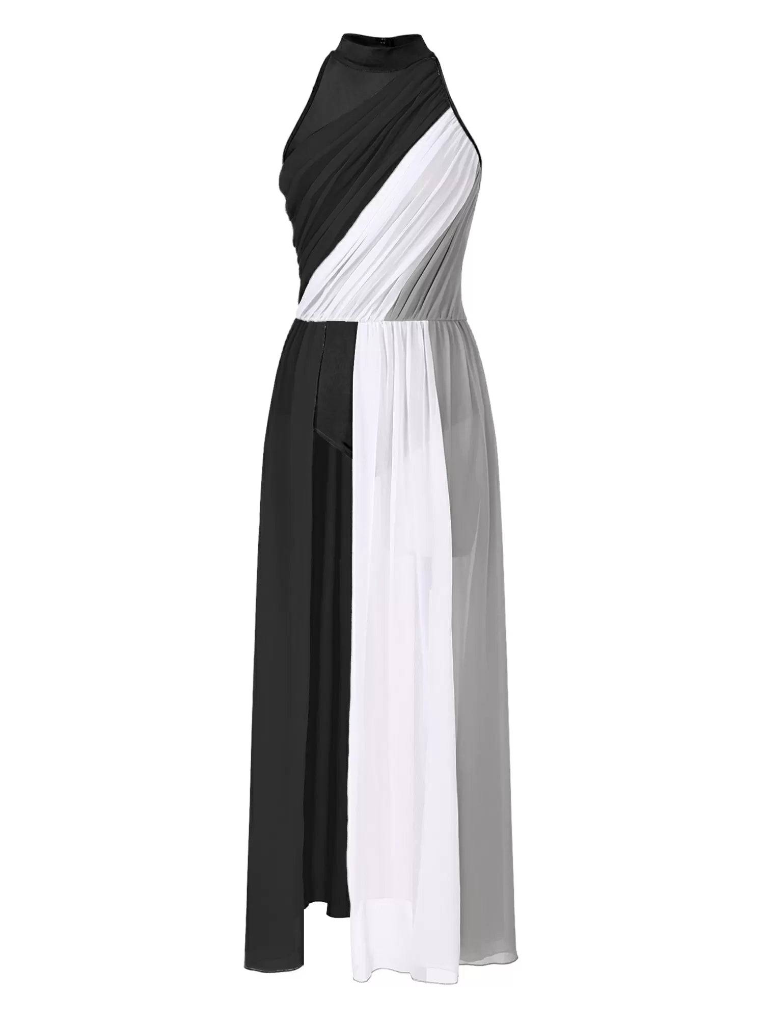 Women Color Block Sleeveless Side Slit Lyrical Dance Midi Dresses