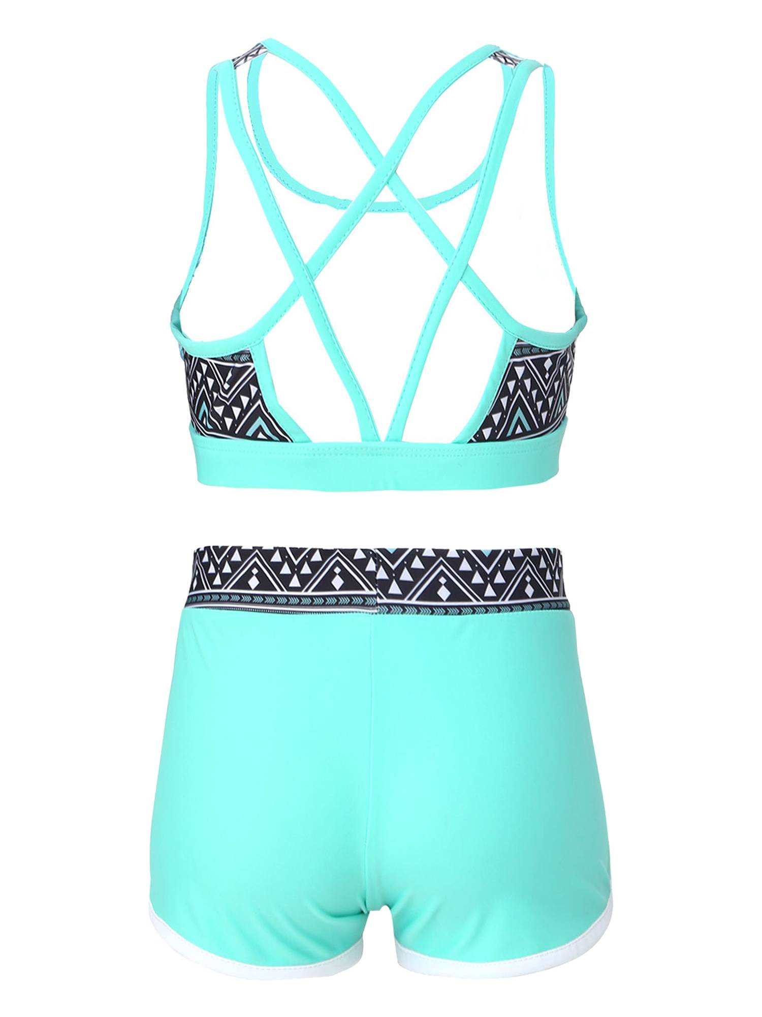 Kids Girls Two Pieces U Neck Crop Top with Boyshorts Swimming Set