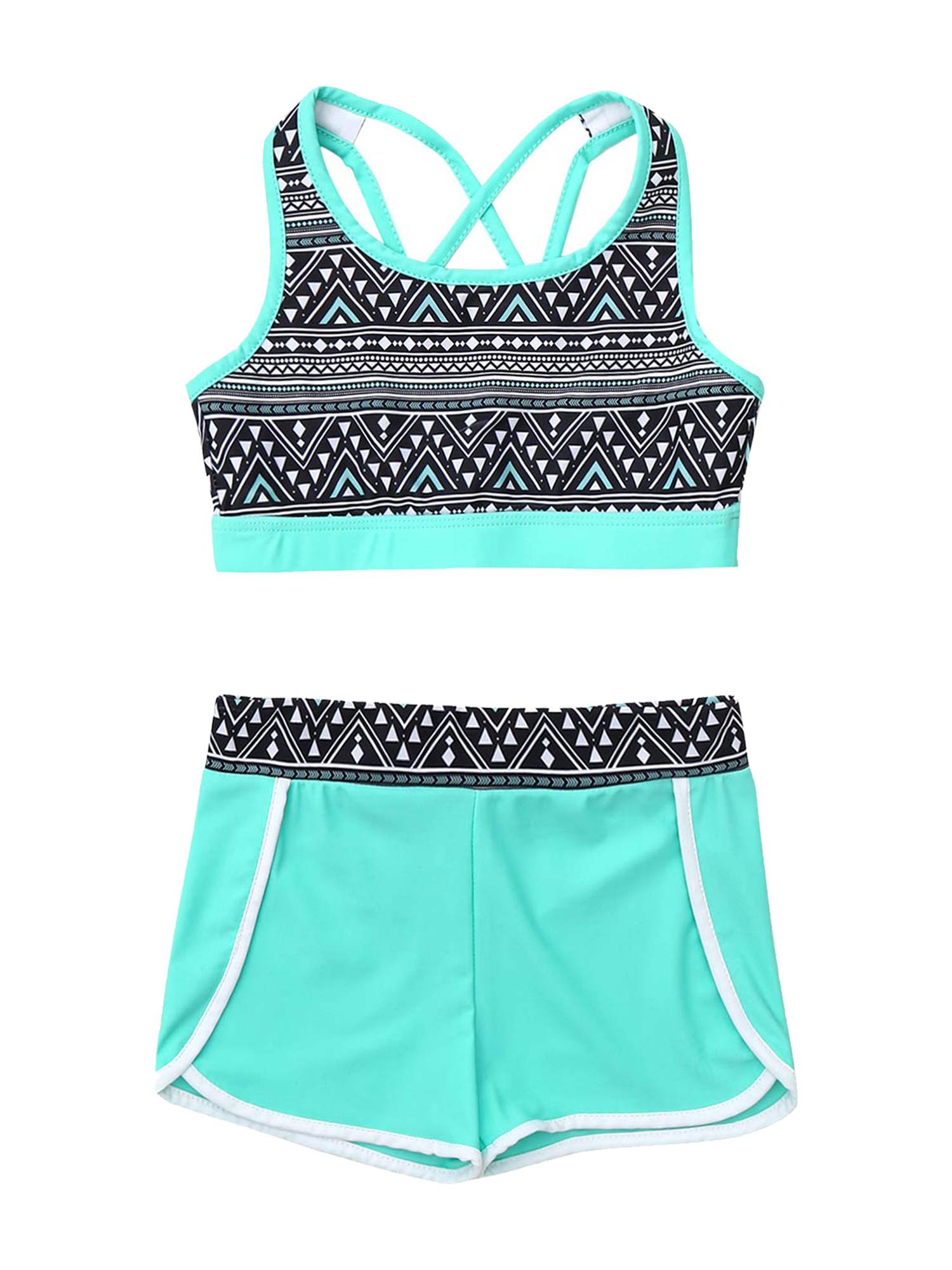 Kids Girls Two Pieces U Neck Crop Top with Boyshorts Swimming Set