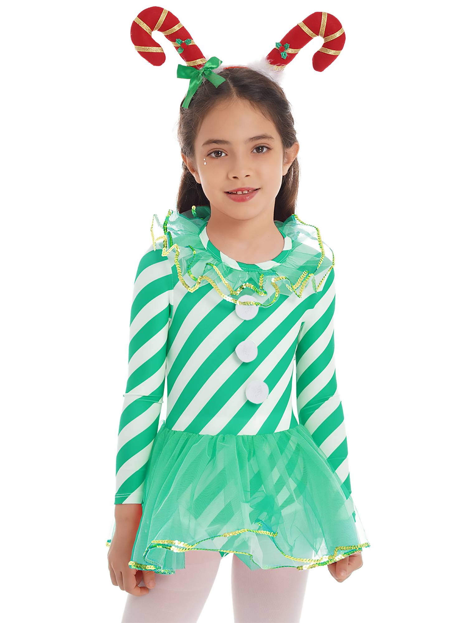 Kids Girls Christmas Elf Costume Long Sleeves Stripes Sequins Mesh Tutu Dress