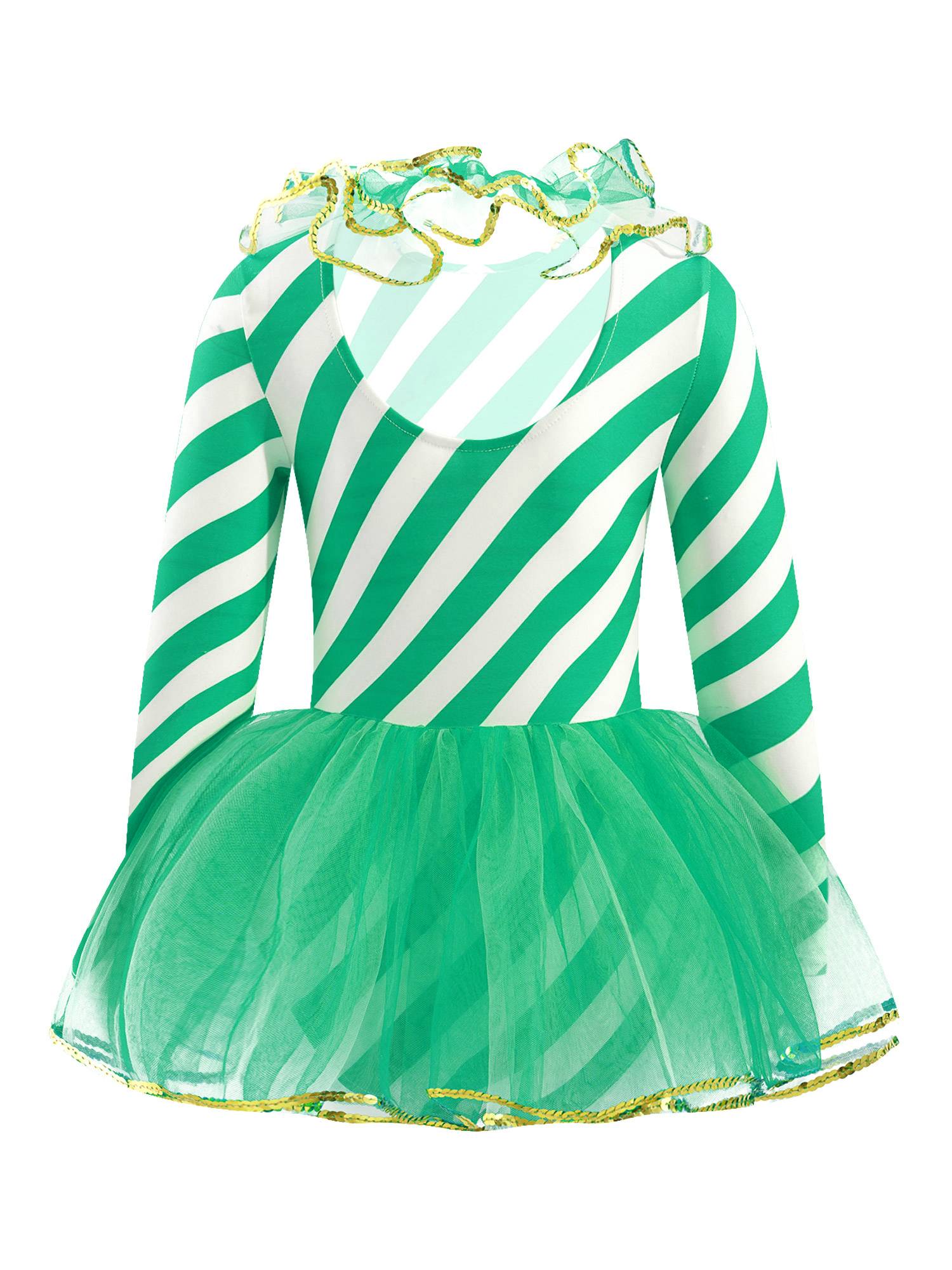 Kids Girls Christmas Elf Costume Long Sleeves Stripes Sequins Mesh Tutu Dress