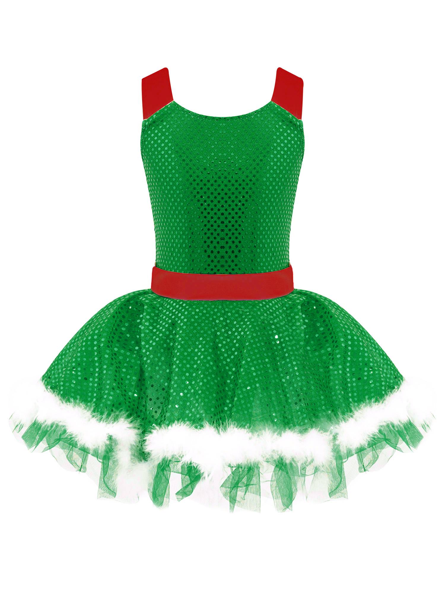 Kids Girls Christmas Sleeveless Sequins Faux Fur Adorned Ballet Tutu Dress