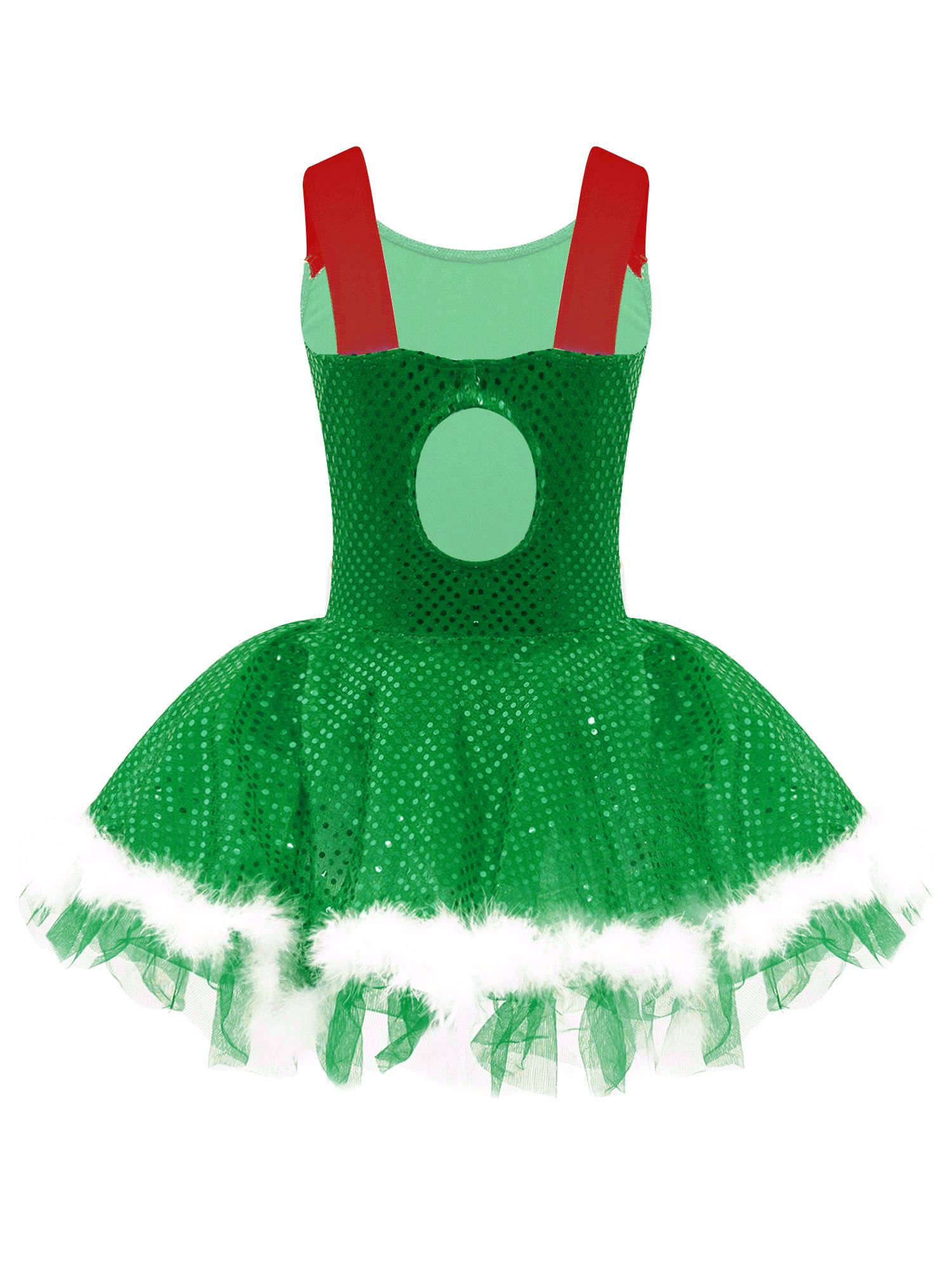 Kids Girls Christmas Sleeveless Sequins Faux Fur Adorned Ballet Tutu Dress