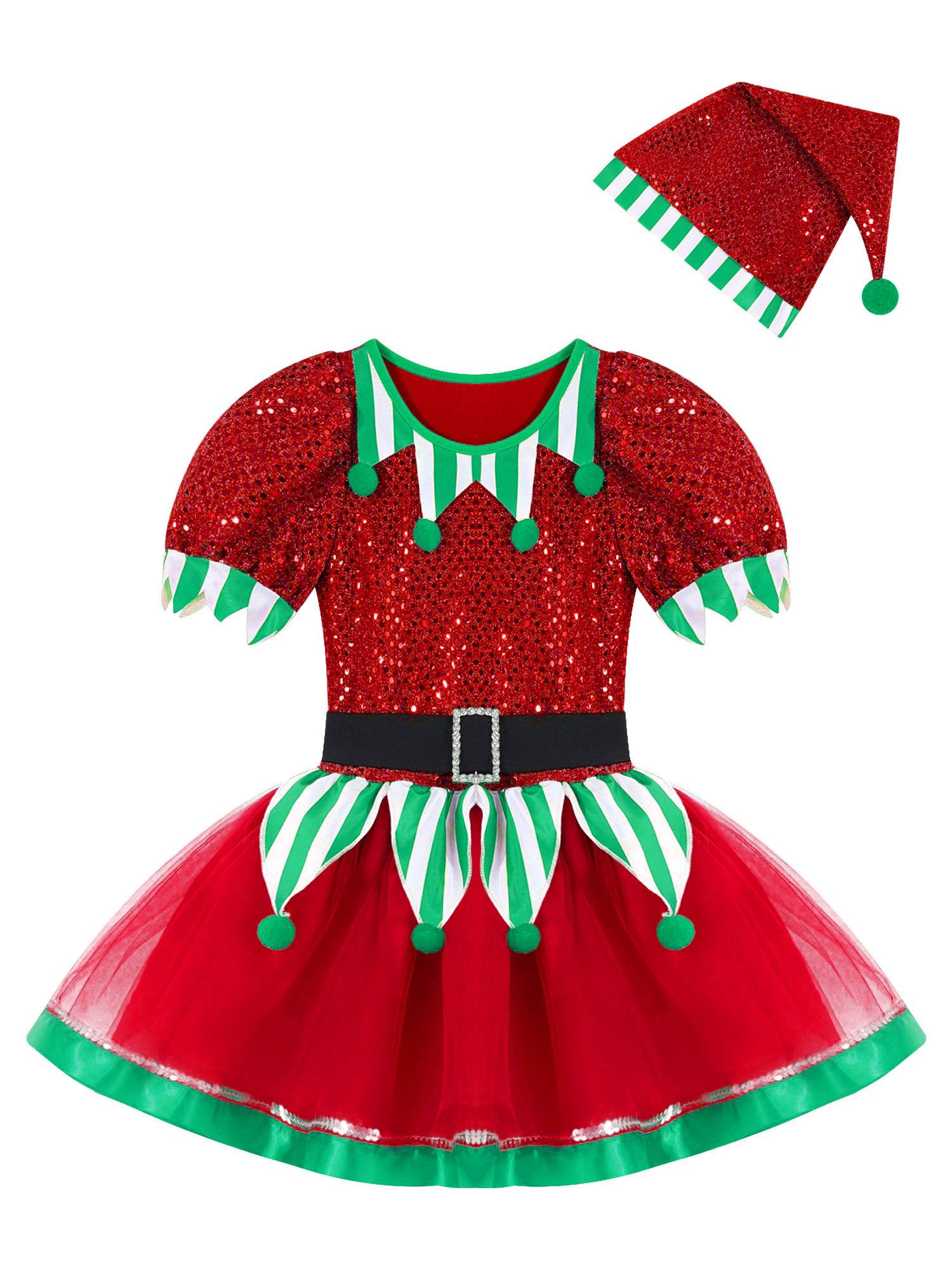 Kids Girls Christmas Elf Costume Sequins Pompoms Mesh Tutu Dress with Hat
