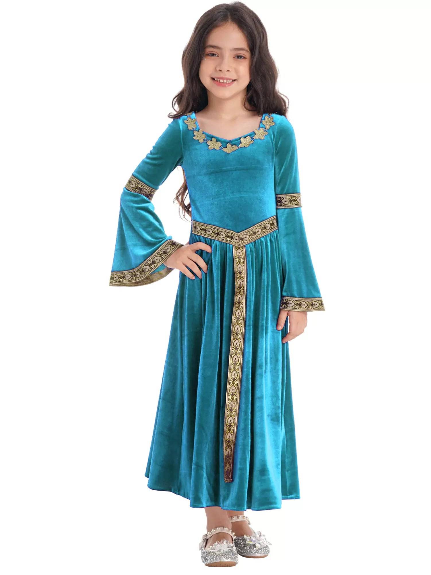 Kids Girls Retro Medieval Princess Velvet Dress Costumes
