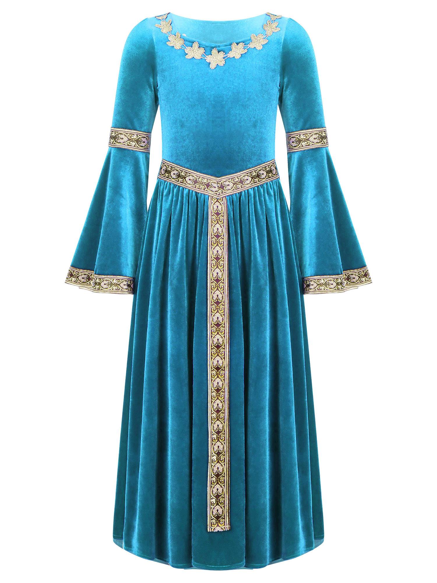 Kids Girls Retro Medieval Princess Velvet Dress Costumes