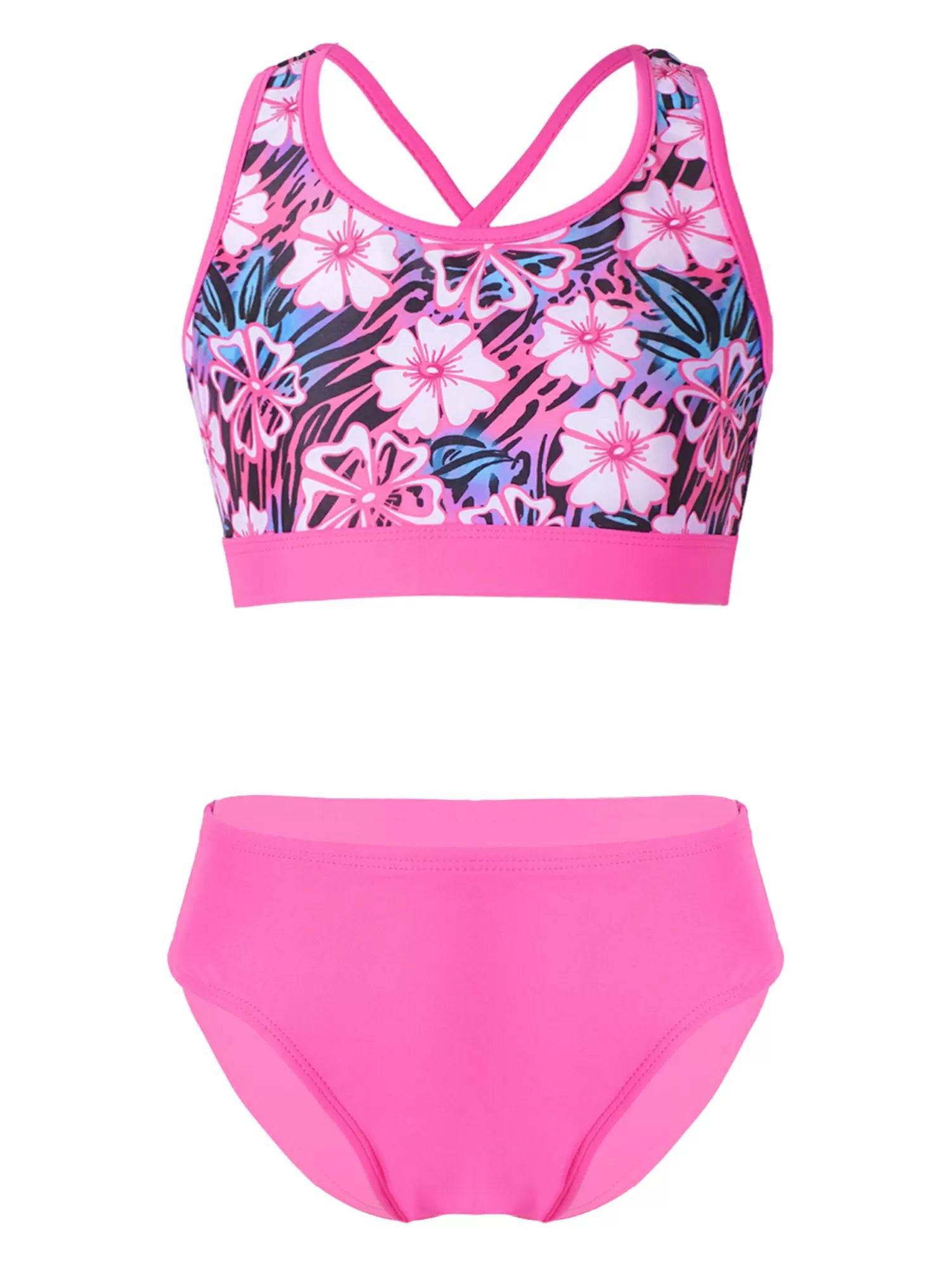 Kids Girls Two Pieces U Neck Strappy Swim Tankini Set