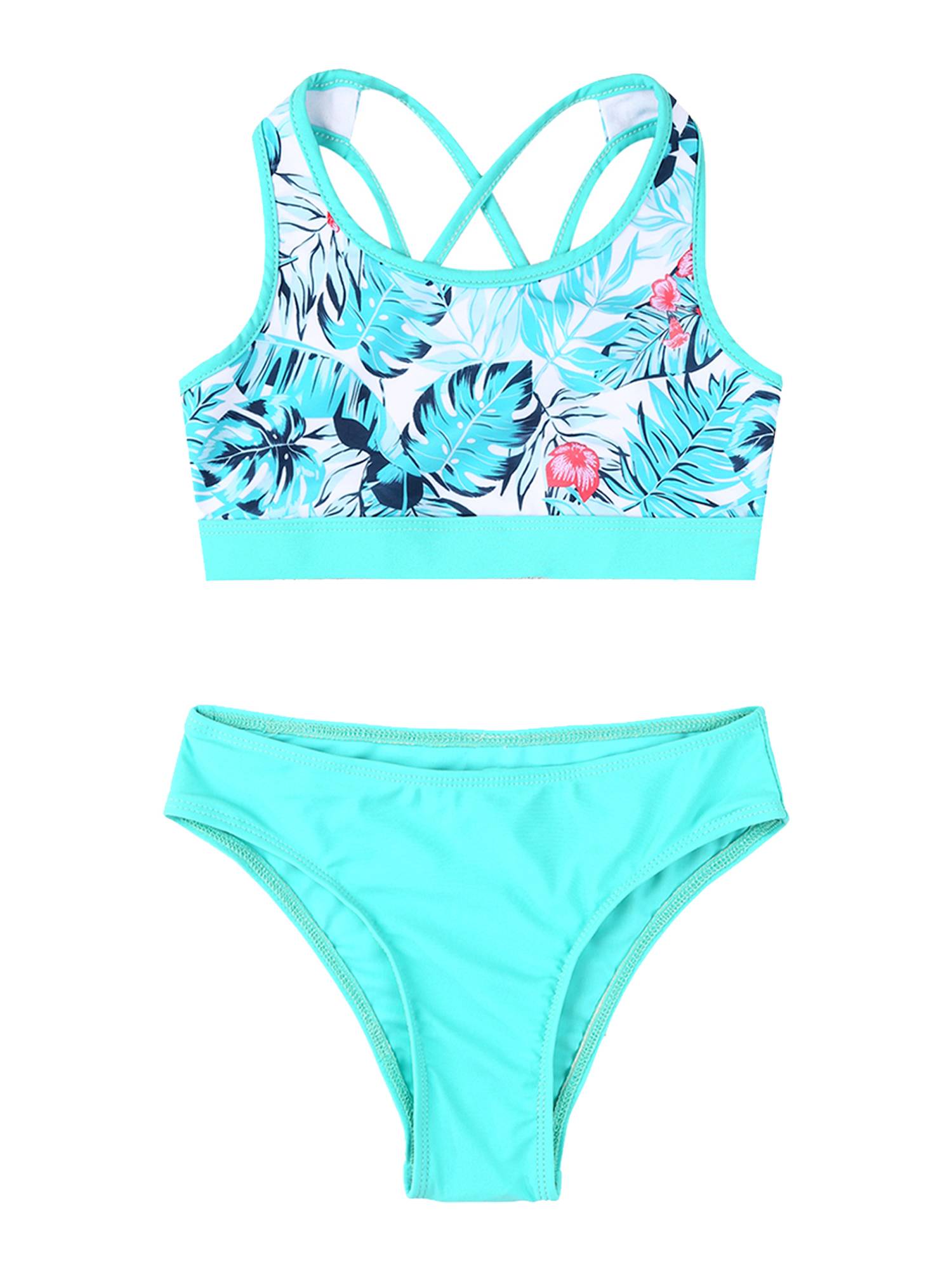 Kids Girls Two Pieces U Neck Strappy Swim Tankini Set