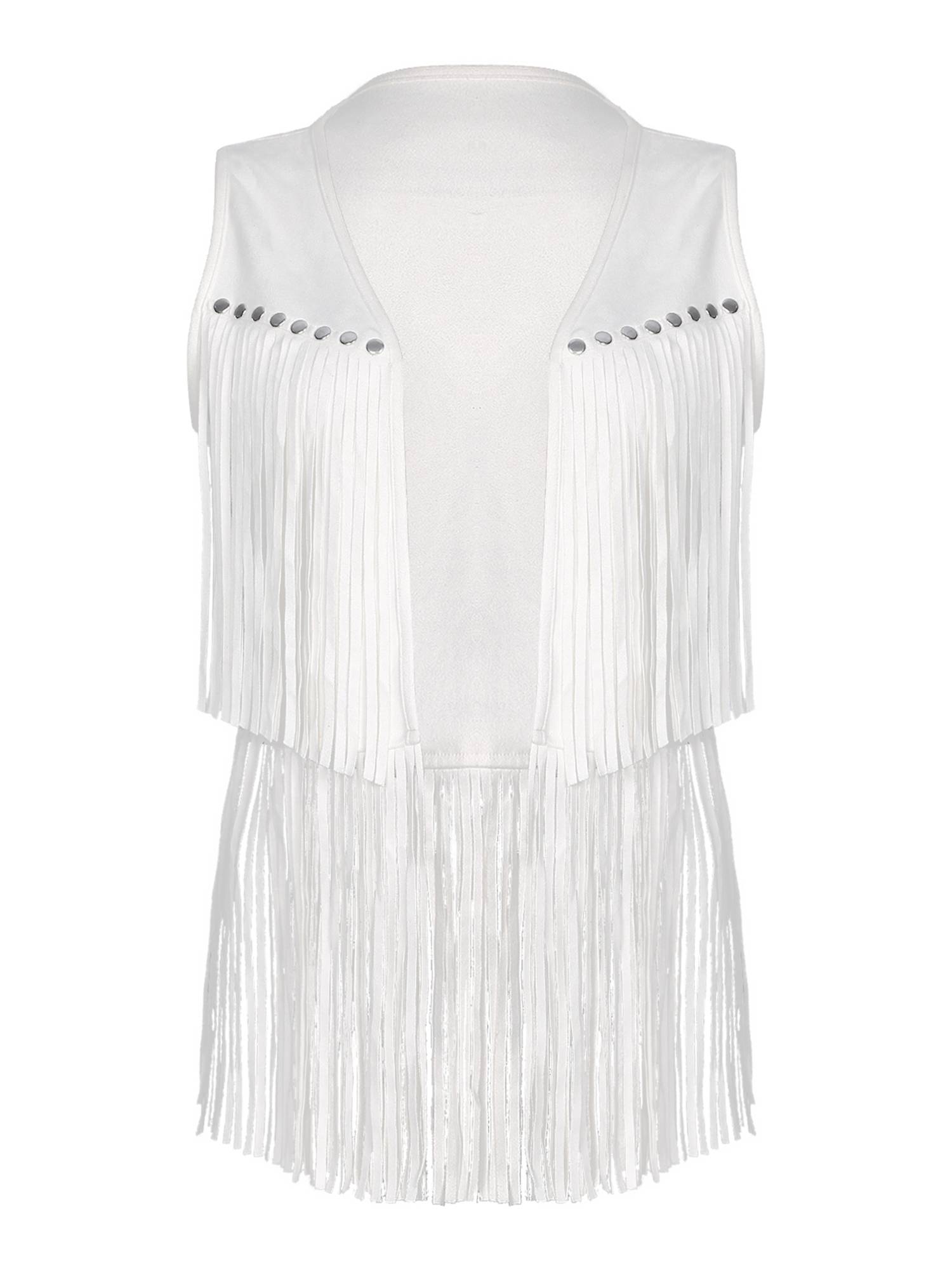 Women Faux Suede Tassel Rivets Fringe Open Front Cowgirl Vest