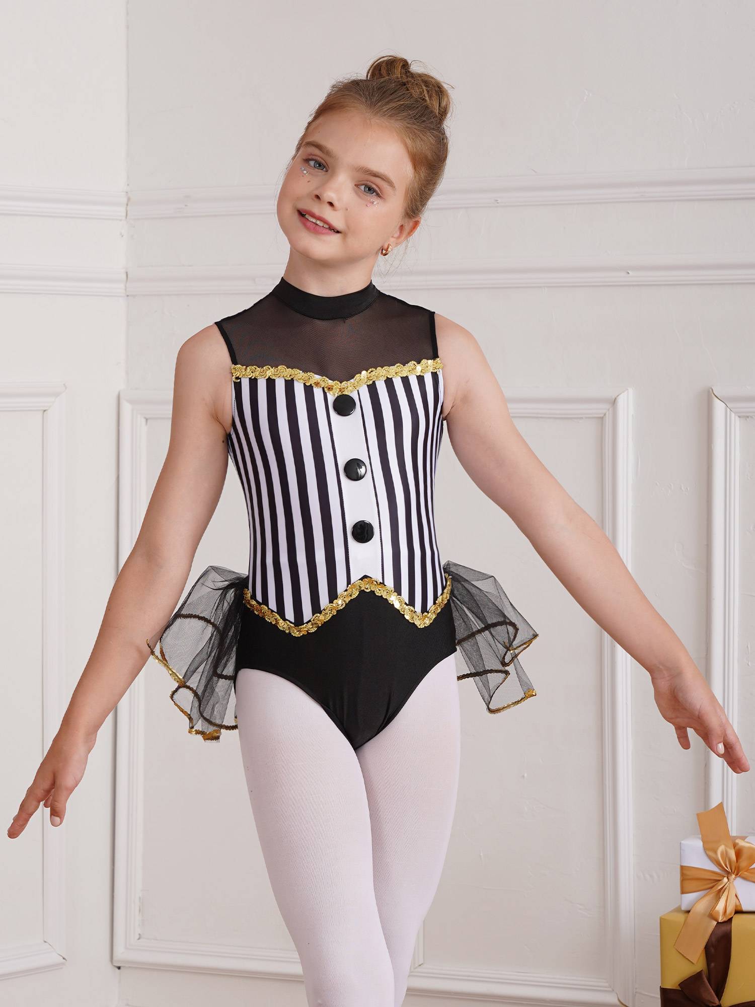 Kids Girls Sleeveless Sequins Striped Latin Jazz Dance Leotard