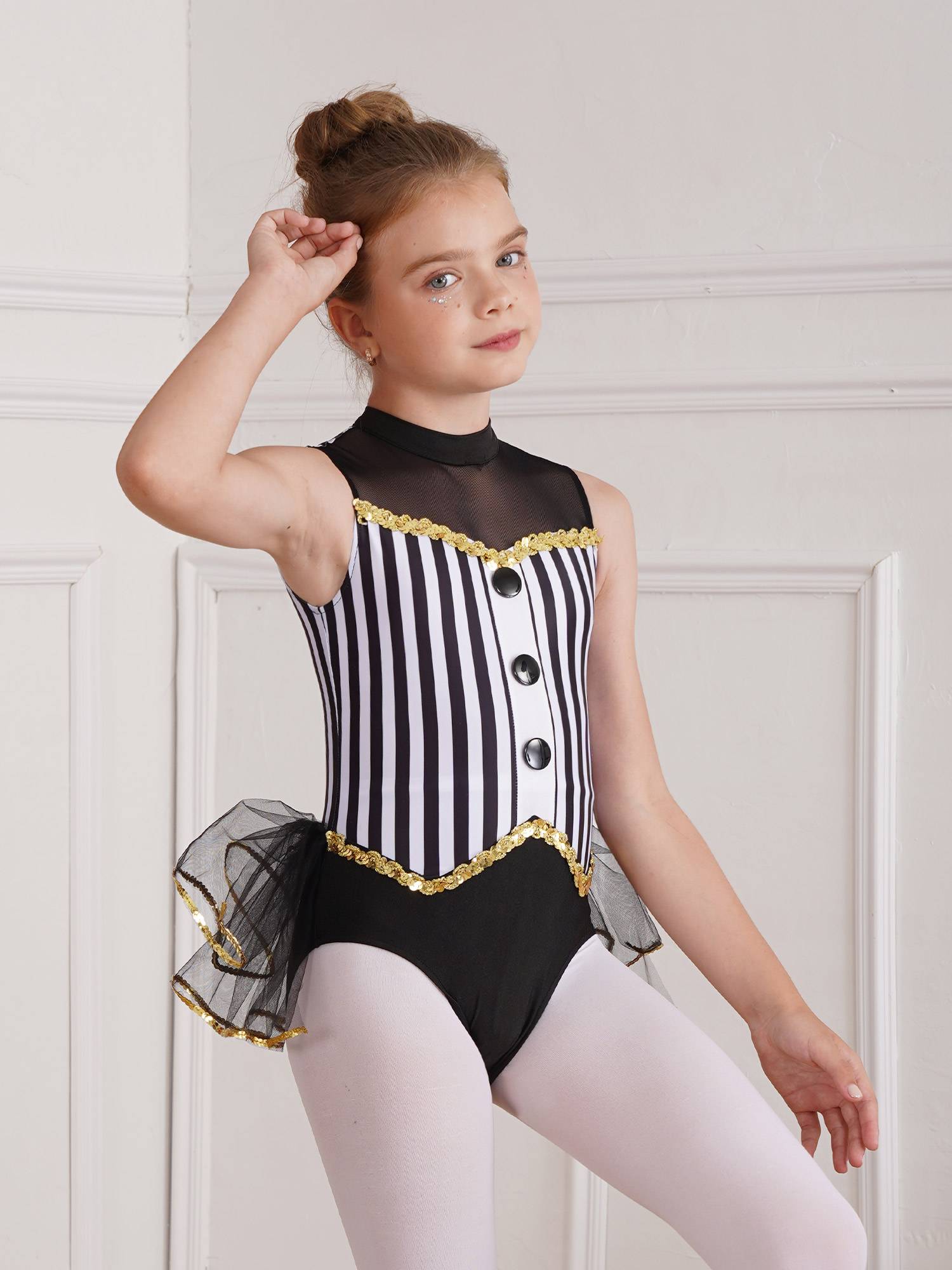 Kids Girls Sleeveless Sequins Striped Latin Jazz Dance Leotard