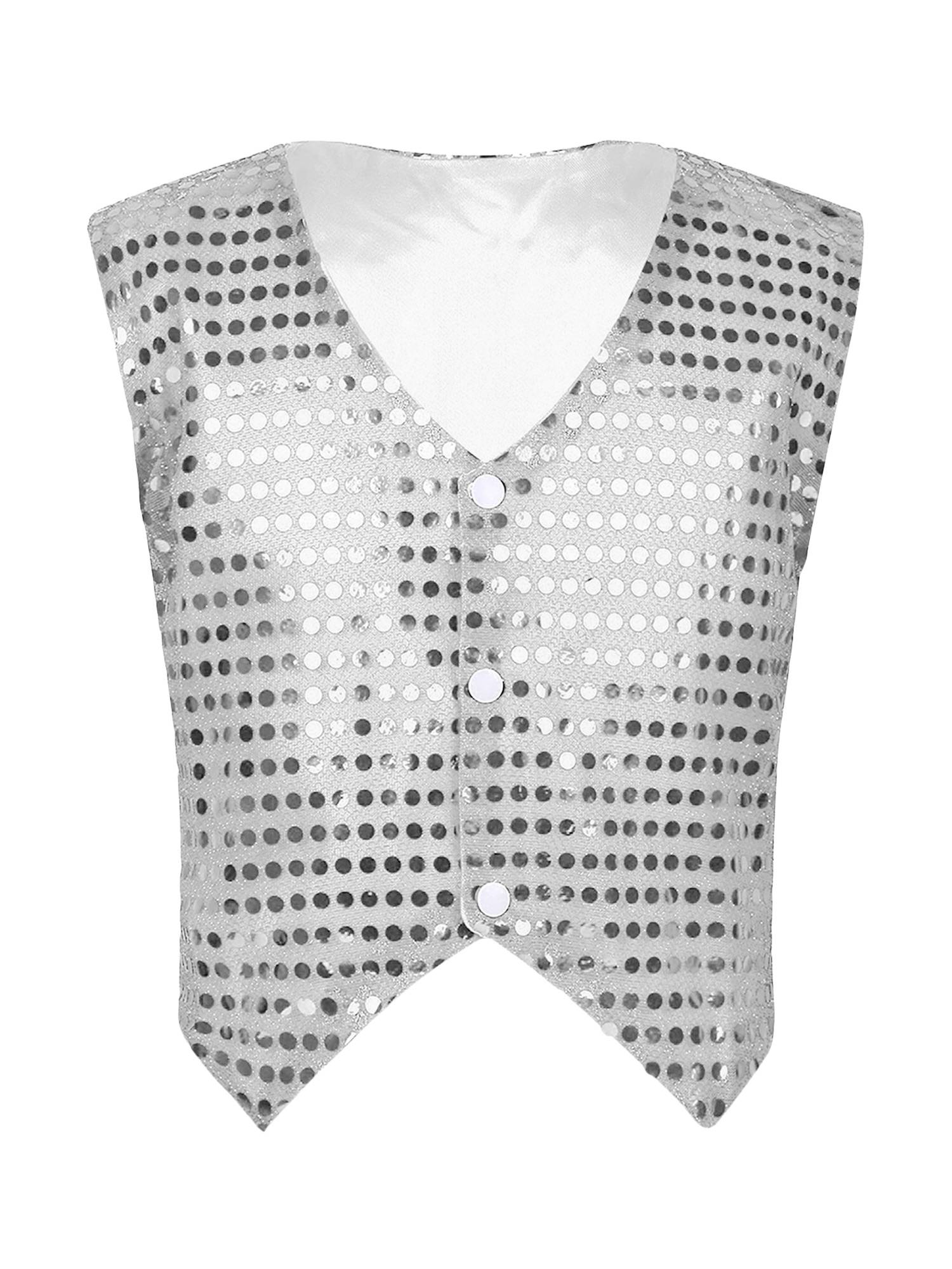 Women Glitter Sequins Vest Button Up Waistcoat for Jazz Dance