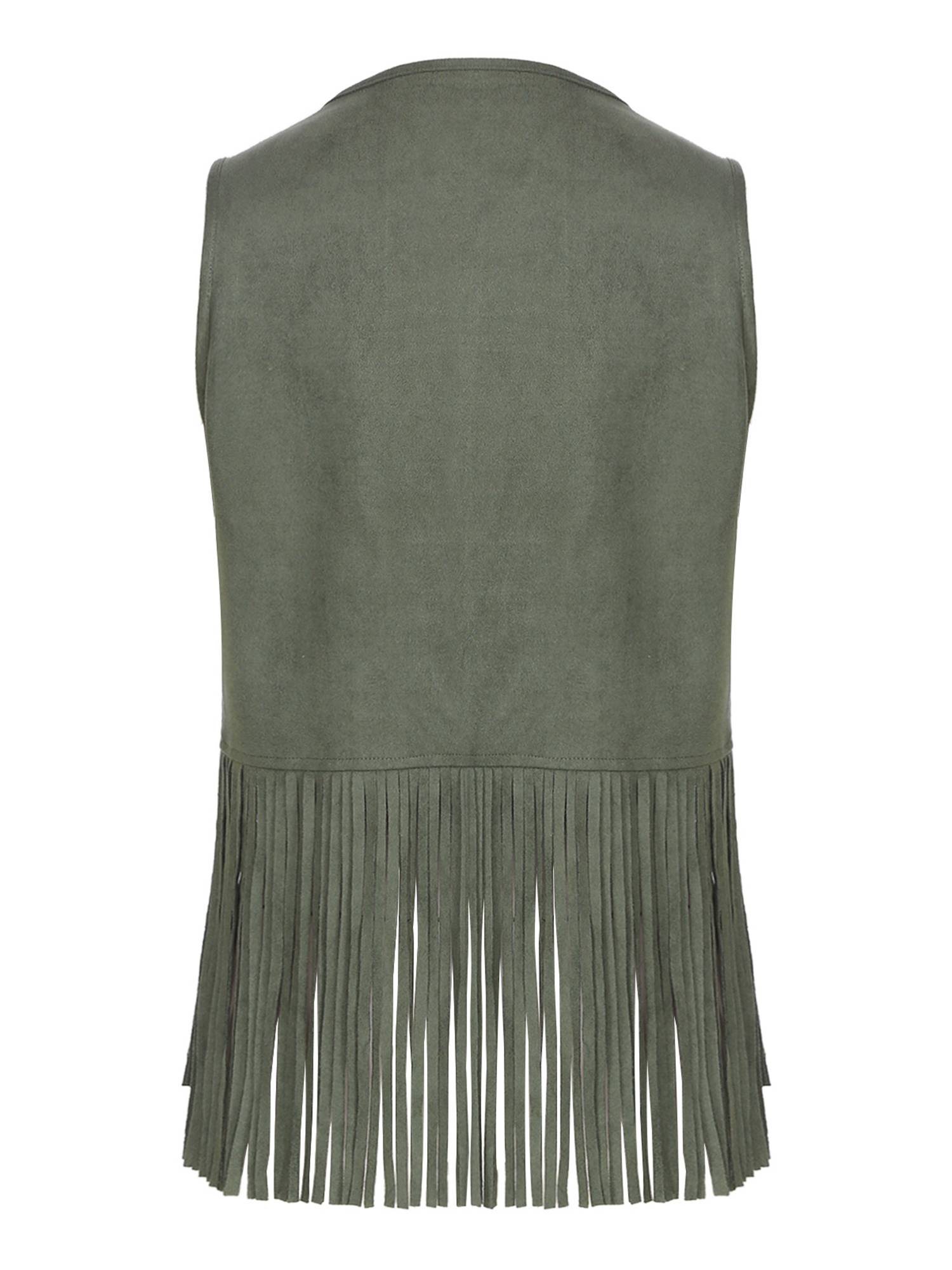 Women Faux Suede Tassel Rivets Fringe Open Front Cowgirl Vest
