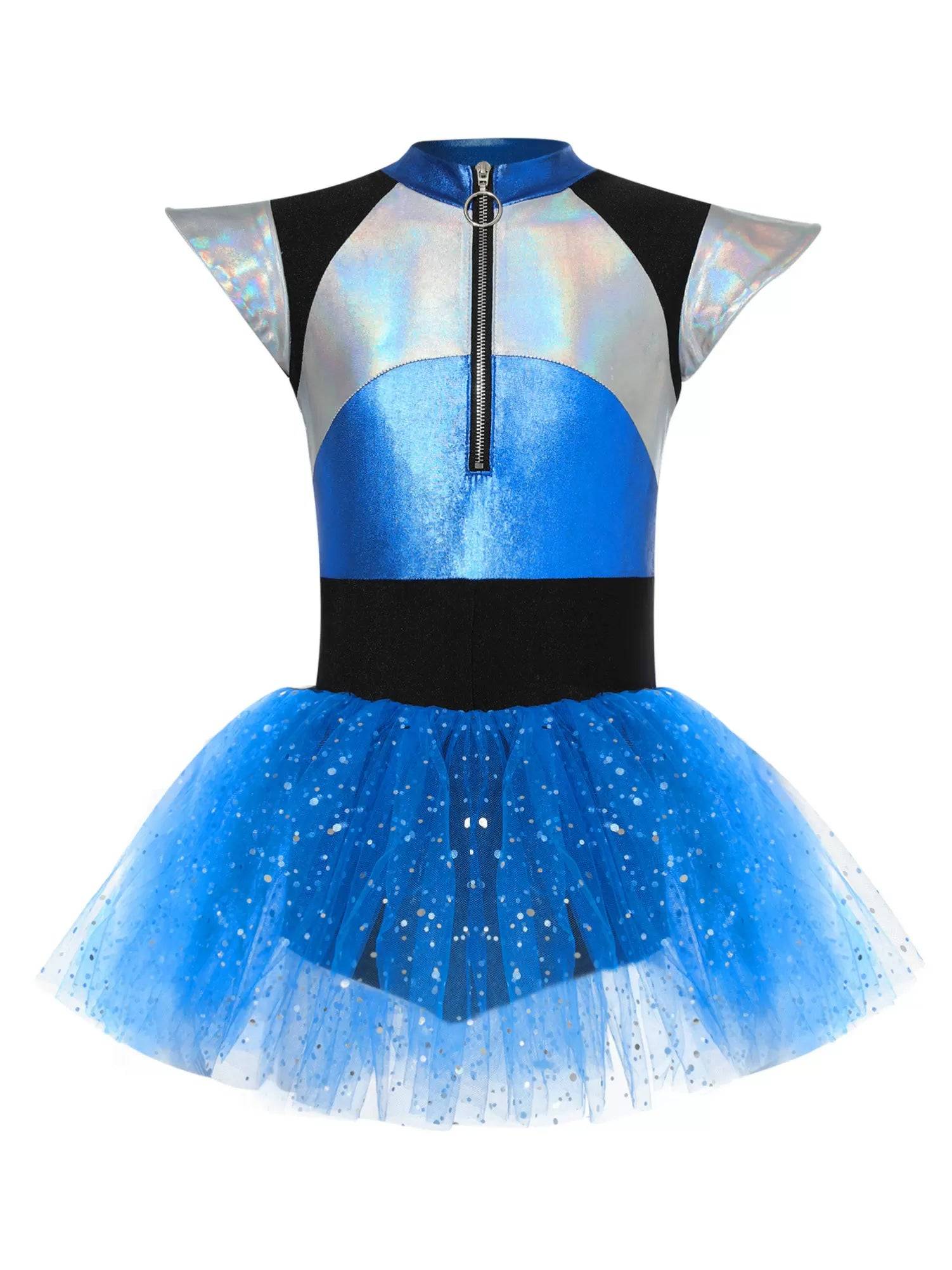 Kids Girls Alien Costume Dress Flutter Sleeve Leotard Tutu Dress