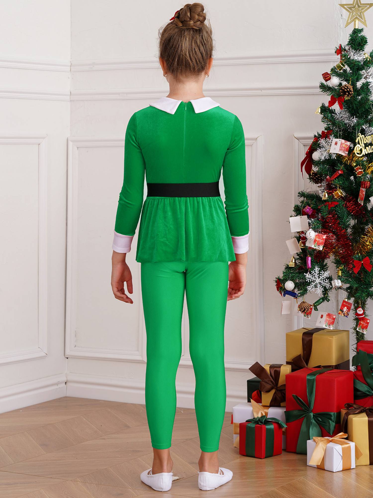Kids Lapel Collar Long Sleeve Pompom Peplum Christmas Elf Cosplay Jumpsuit