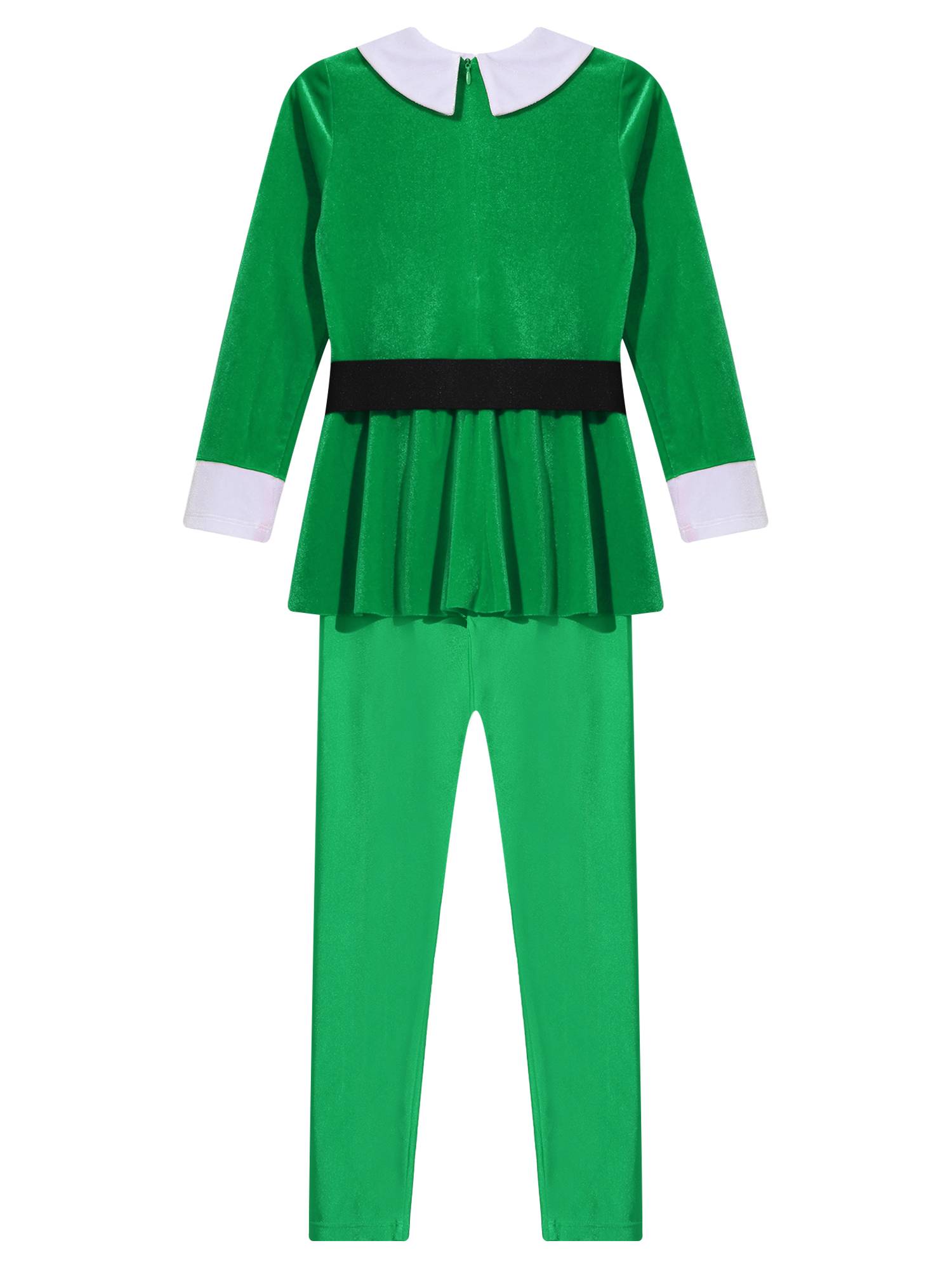 Kids Lapel Collar Long Sleeve Pompom Peplum Christmas Elf Cosplay Jumpsuit