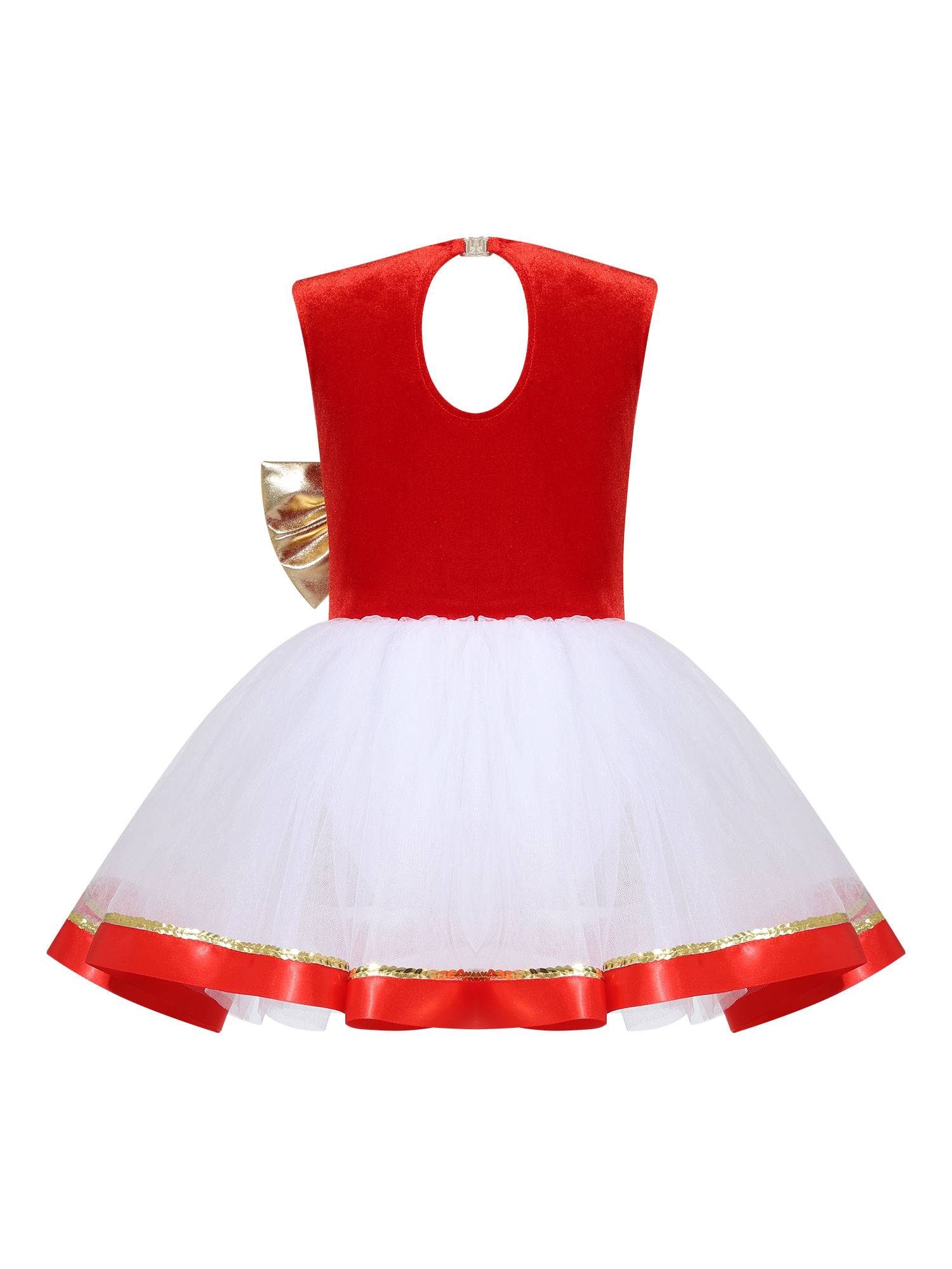 Kids Girls Christmas Sleeveless Metallic Bow Sequin Mesh Tutu Dress
