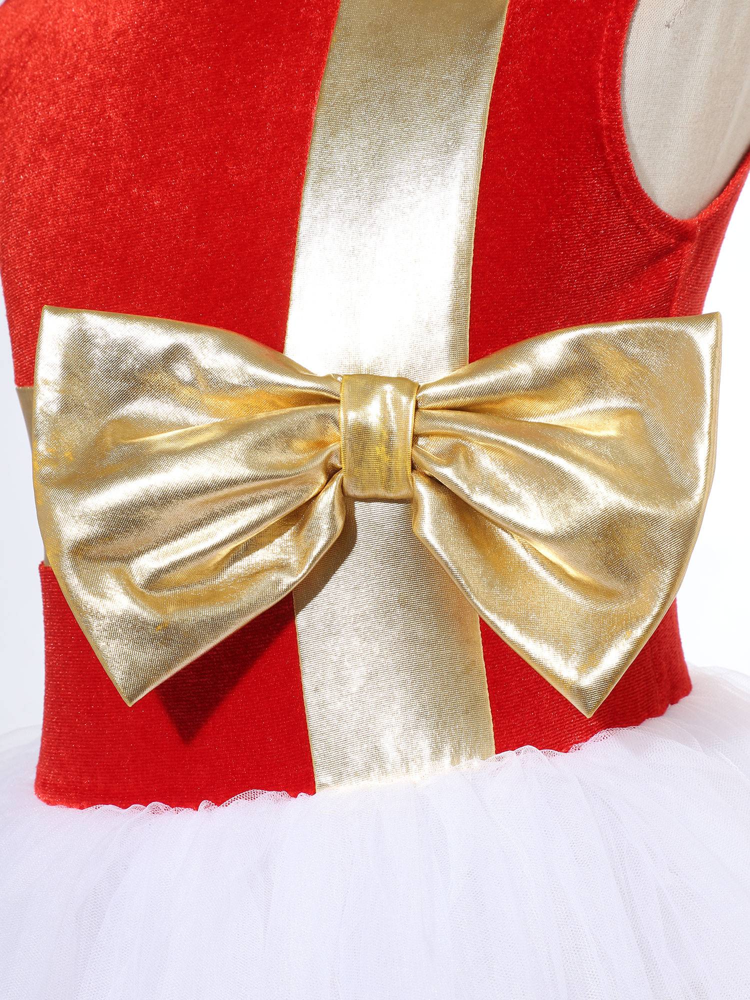 Kids Girls Christmas Sleeveless Metallic Bow Sequin Mesh Tutu Dress