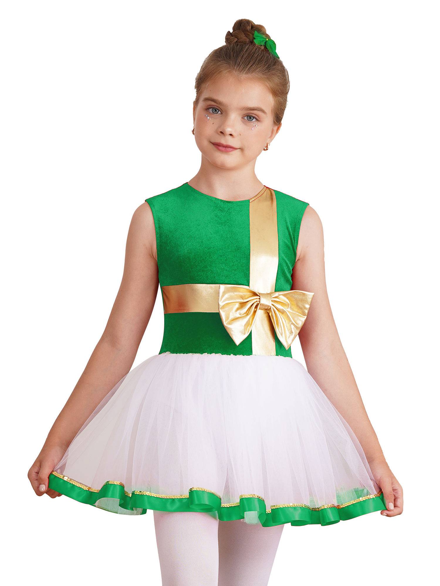 Kids Girls Christmas Sleeveless Metallic Bow Sequin Mesh Tutu Dress
