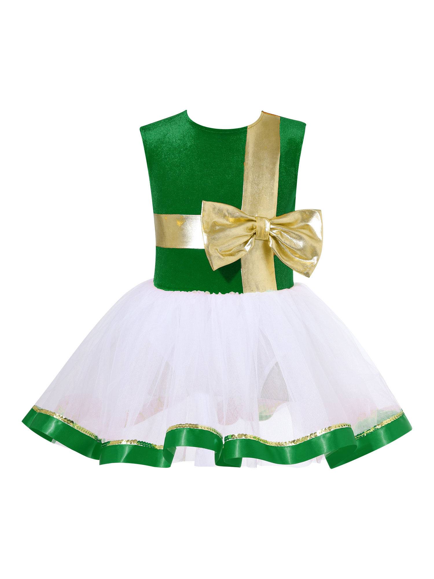 Kids Girls Christmas Sleeveless Metallic Bow Sequin Mesh Tutu Dress