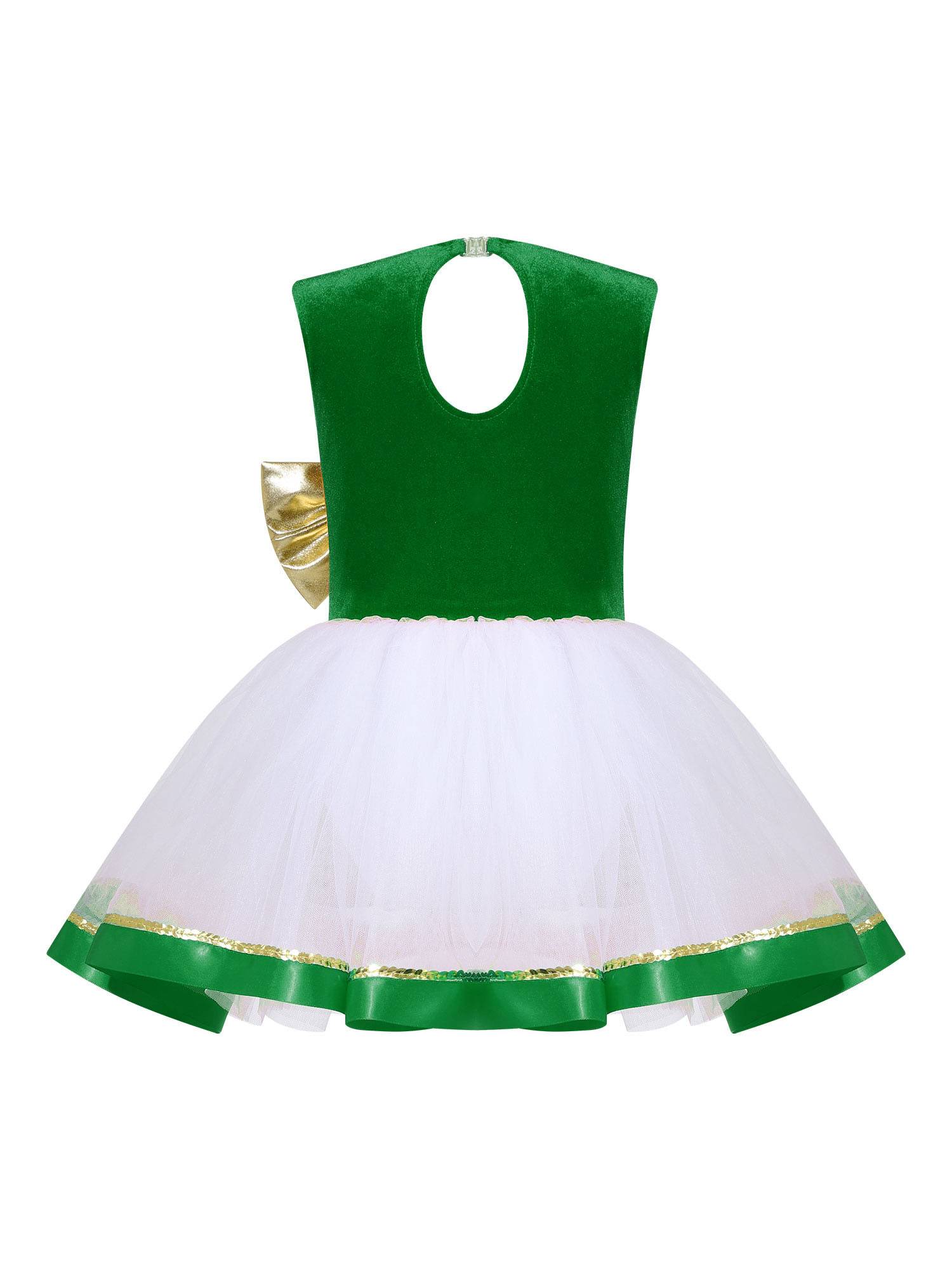 Kids Girls Christmas Sleeveless Metallic Bow Sequin Mesh Tutu Dress