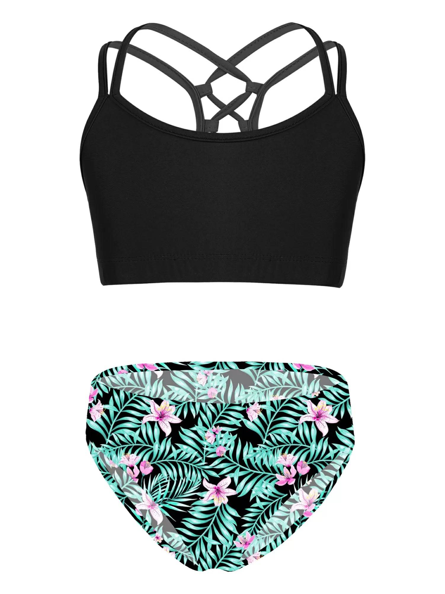 Kids Girls Two Pieces Sleeveless Strappy Tankini Swimsuit Sets