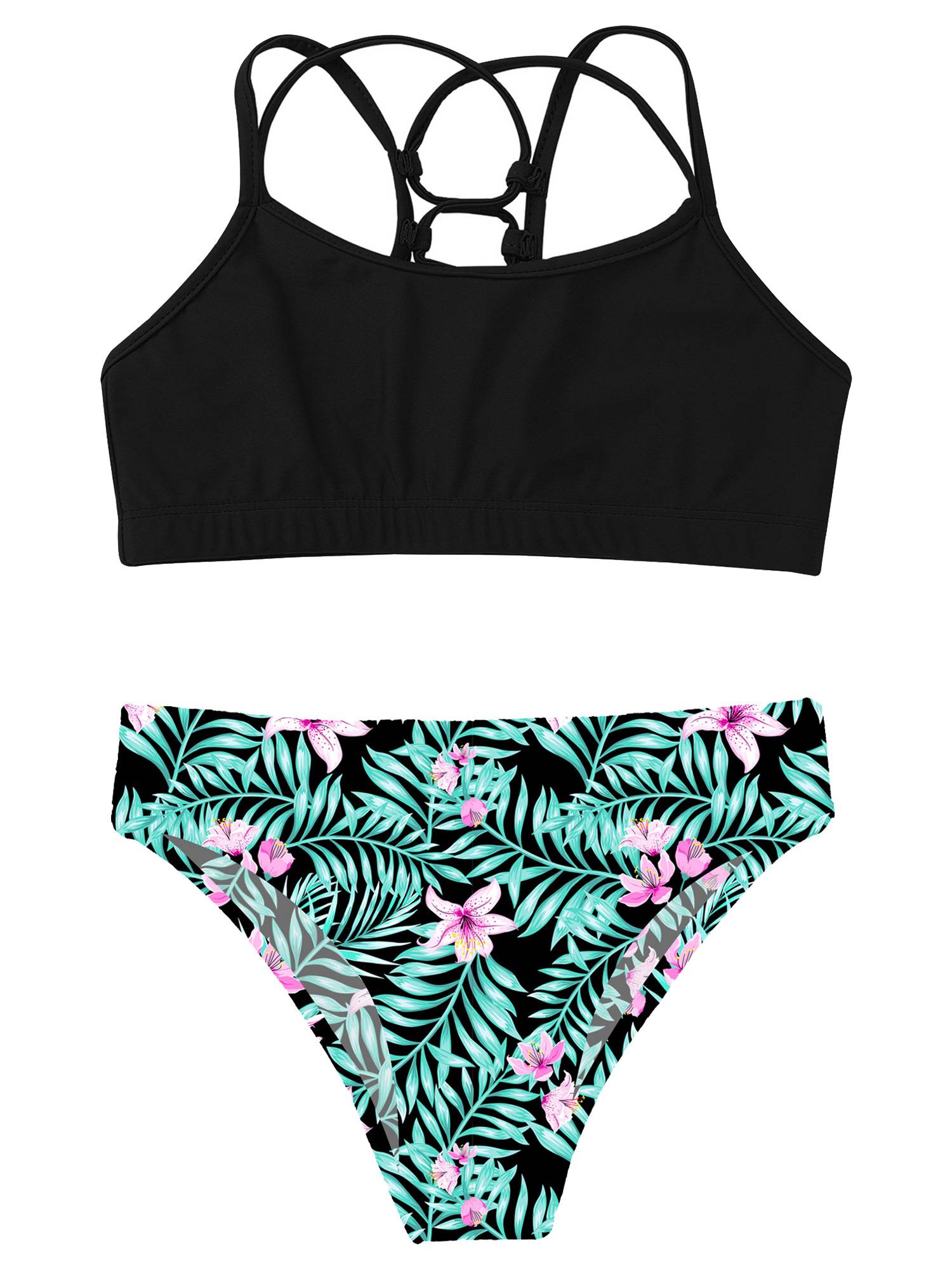 Kids Girls Two Pieces Sleeveless Strappy Tankini Swimsuit Sets