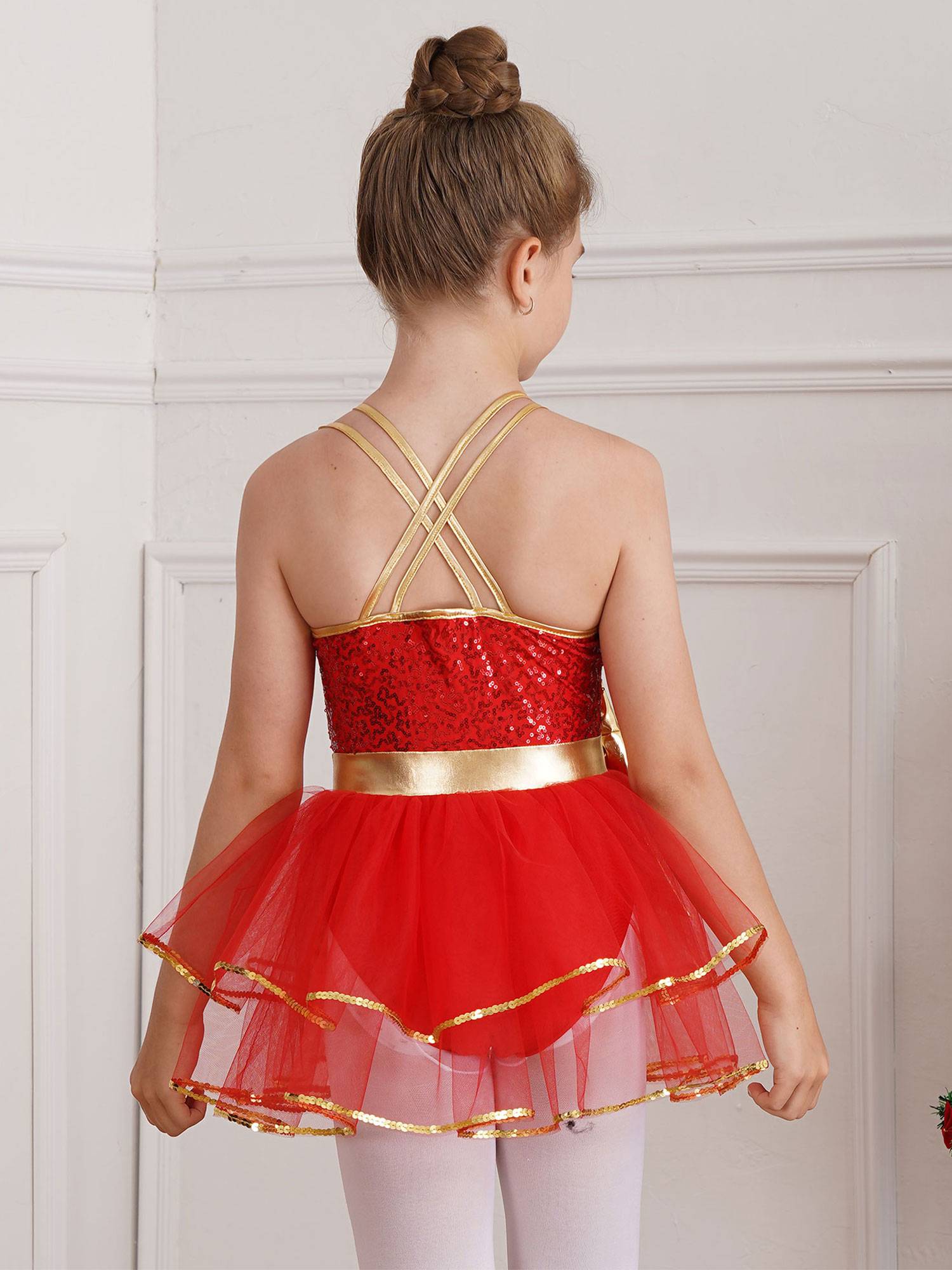 Girls Straps Sequins Bow Christmas Ballet Dance Tutu Dress