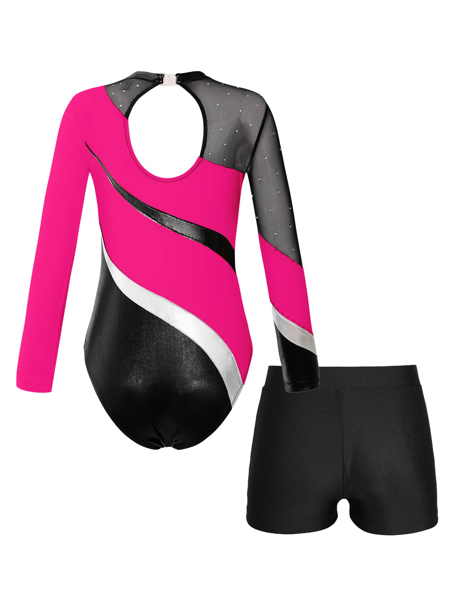 Kids Girls 2pcs Long Sleeve Rhinestones Leotard with Shorts Dance Set