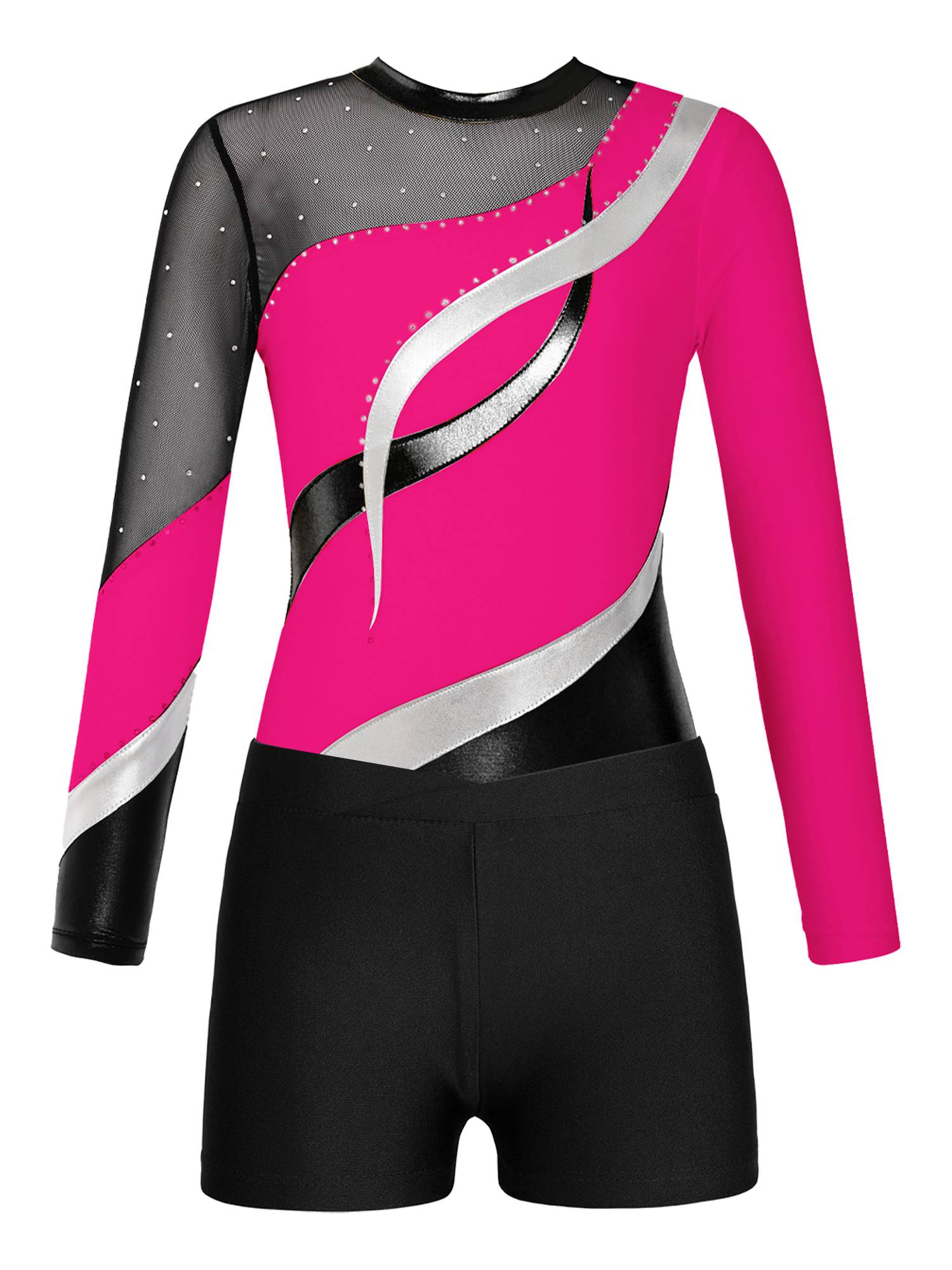 Kids Girls 2pcs Long Sleeve Rhinestones Leotard with Shorts Dance Set