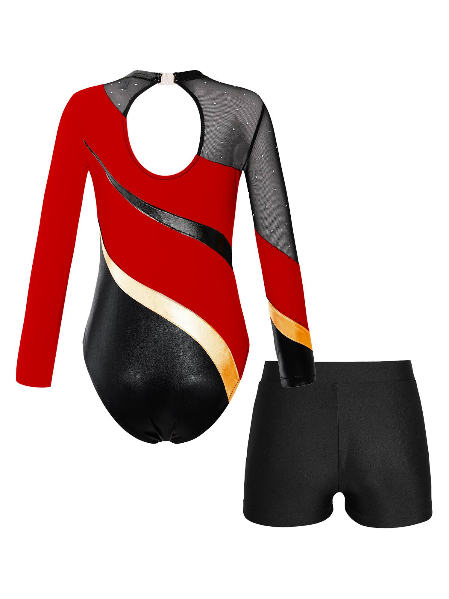 Kids Girls 2pcs Long Sleeve Rhinestones Leotard with Shorts Dance Set