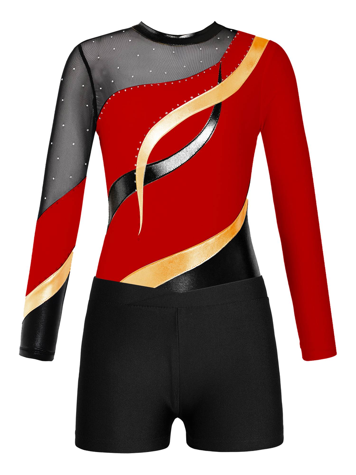 Kids Girls 2pcs Long Sleeve Rhinestones Leotard with Shorts Dance Set