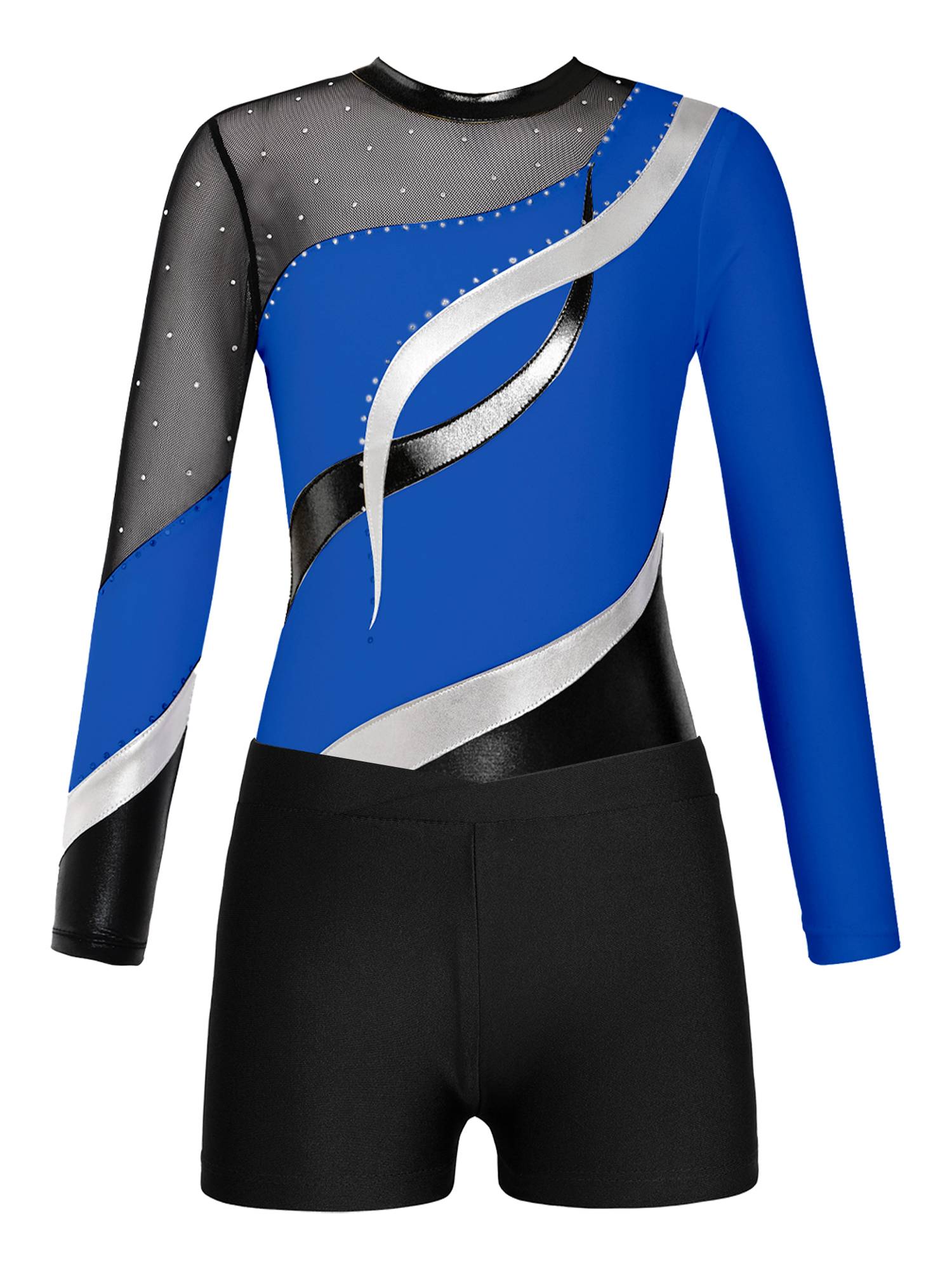 Kids Girls 2pcs Long Sleeve Rhinestones Leotard with Shorts Dance Set