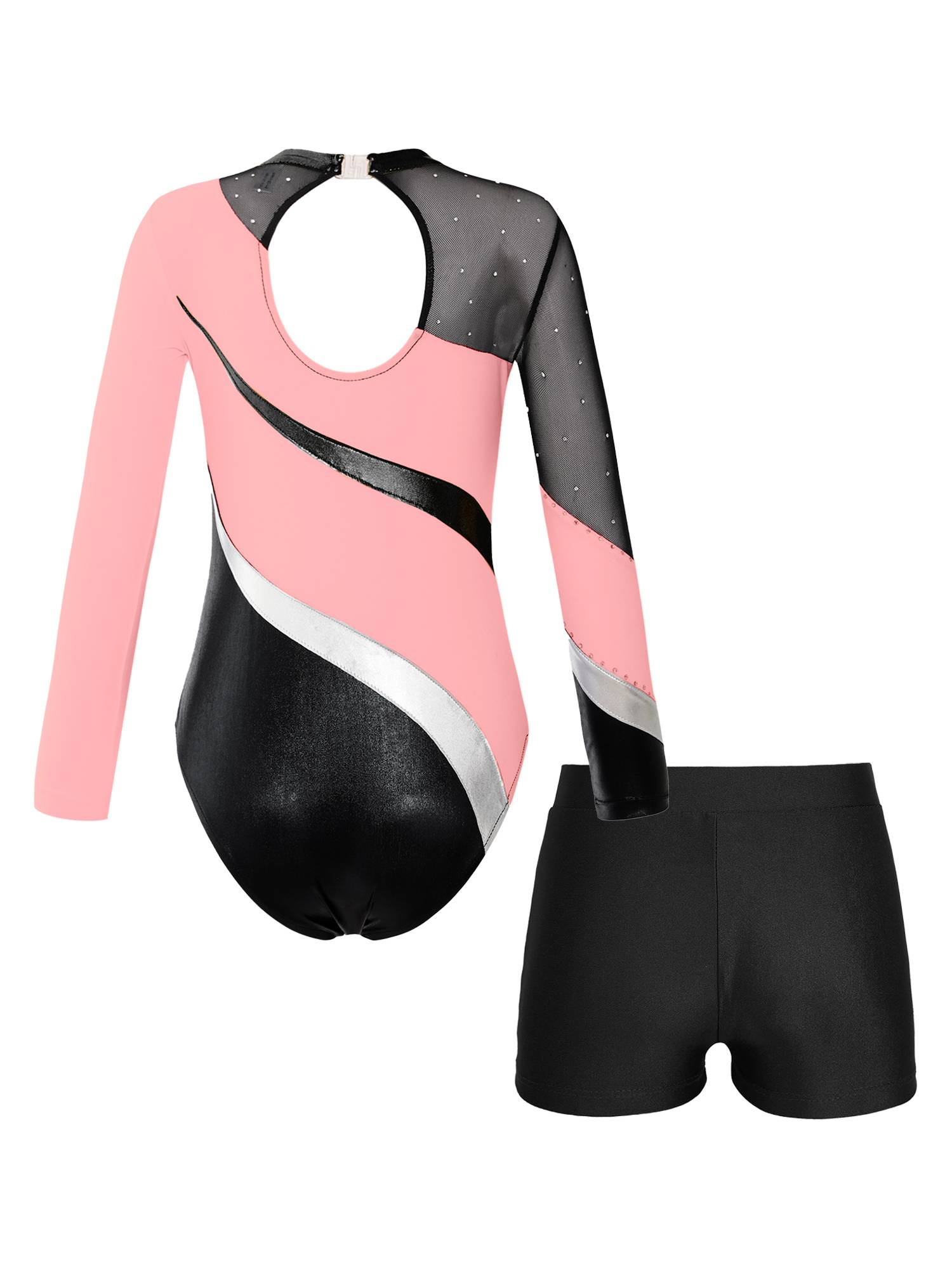 Kids Girls 2pcs Long Sleeve Rhinestones Leotard with Shorts Dance Set