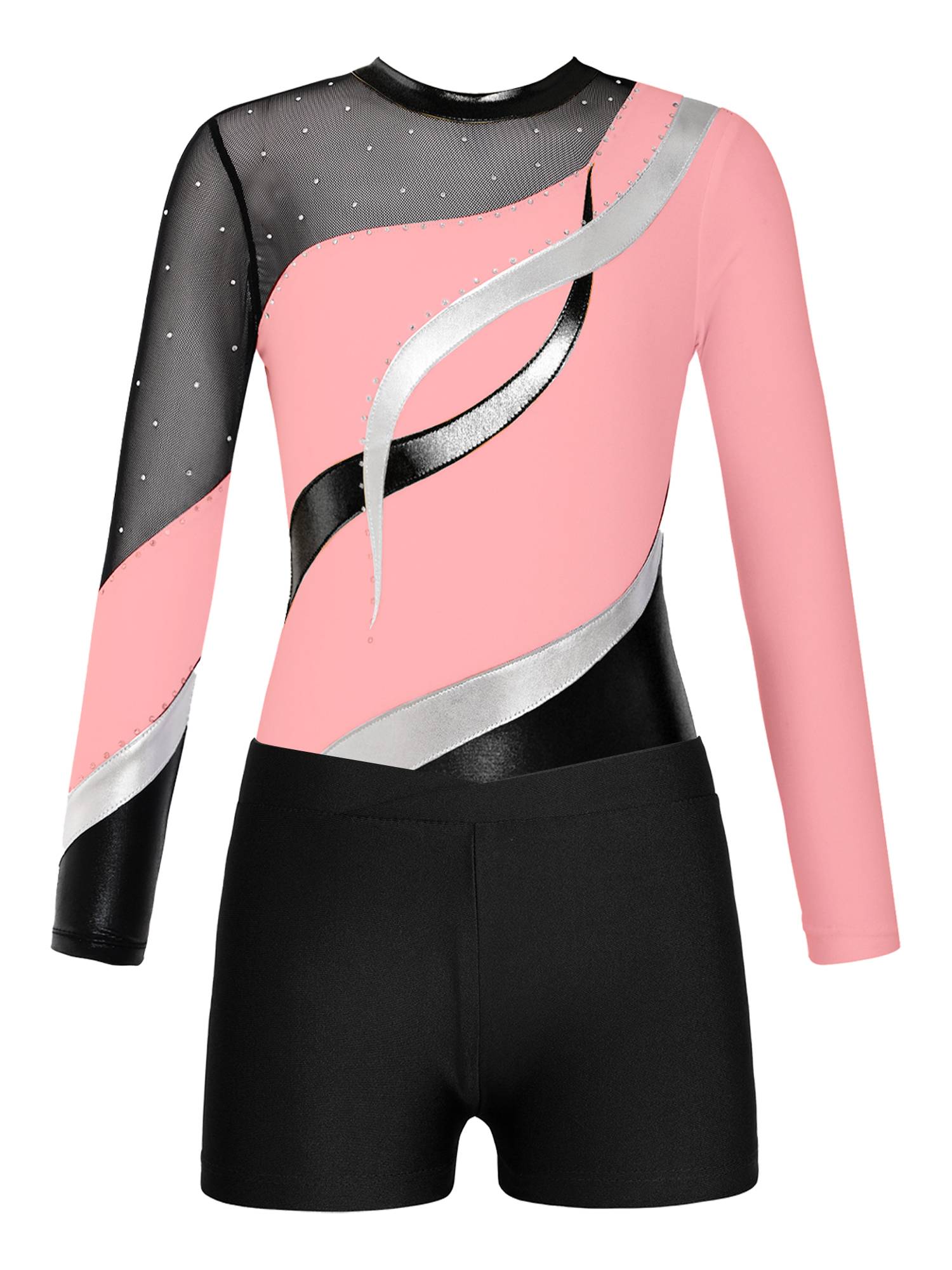 Kids Girls 2pcs Long Sleeve Rhinestones Leotard with Shorts Dance Set