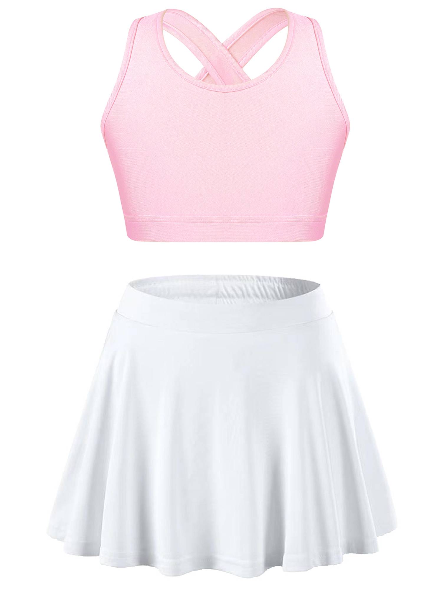 Kids Girls 2pcs Sleeveless Crop Top with Pleated Skort Skirt Tennis Set