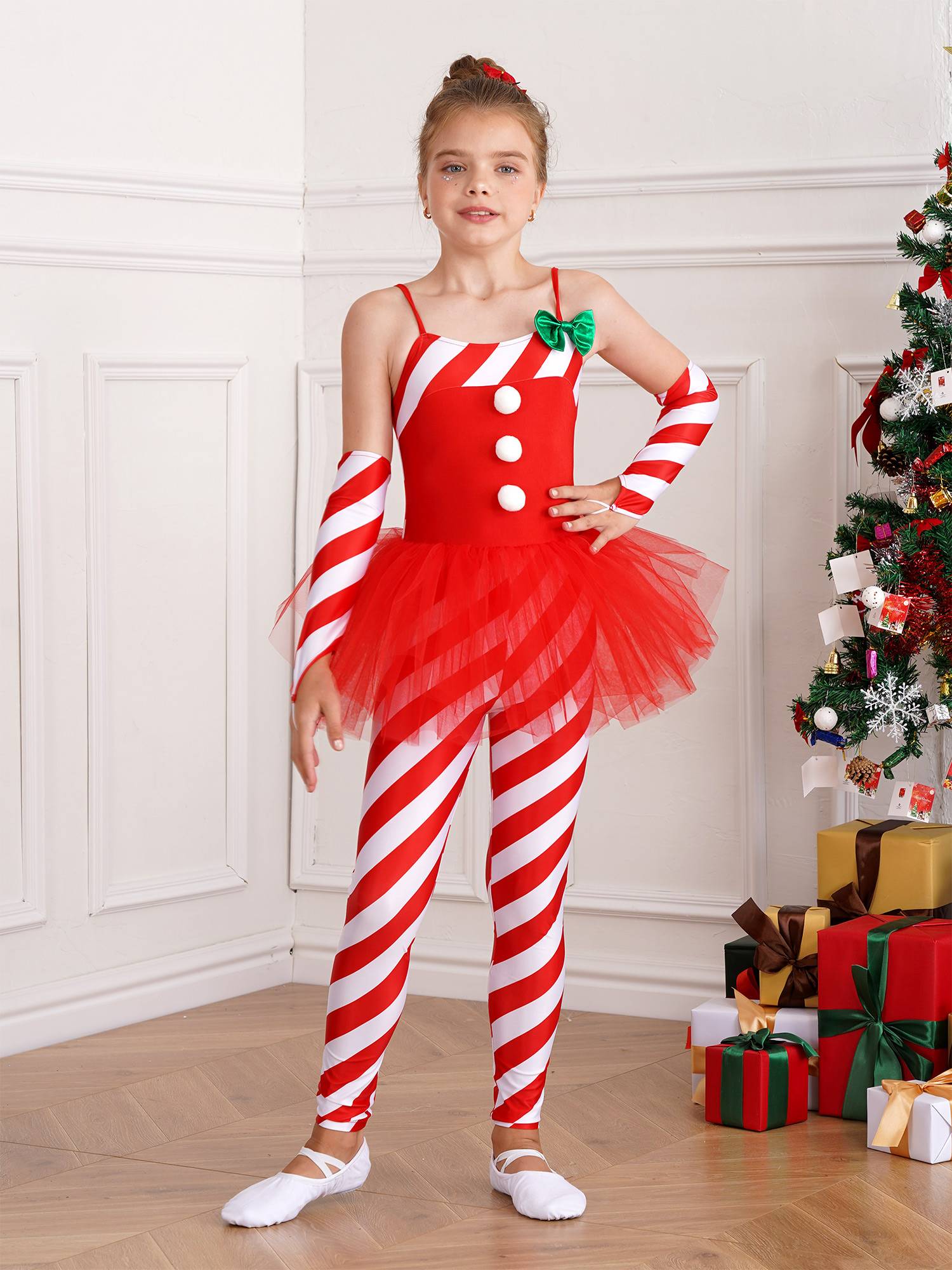 Kids Girls Christmas Sleeveless Stripes Tulle Peplum Jumpsuit with Arm Sleeves