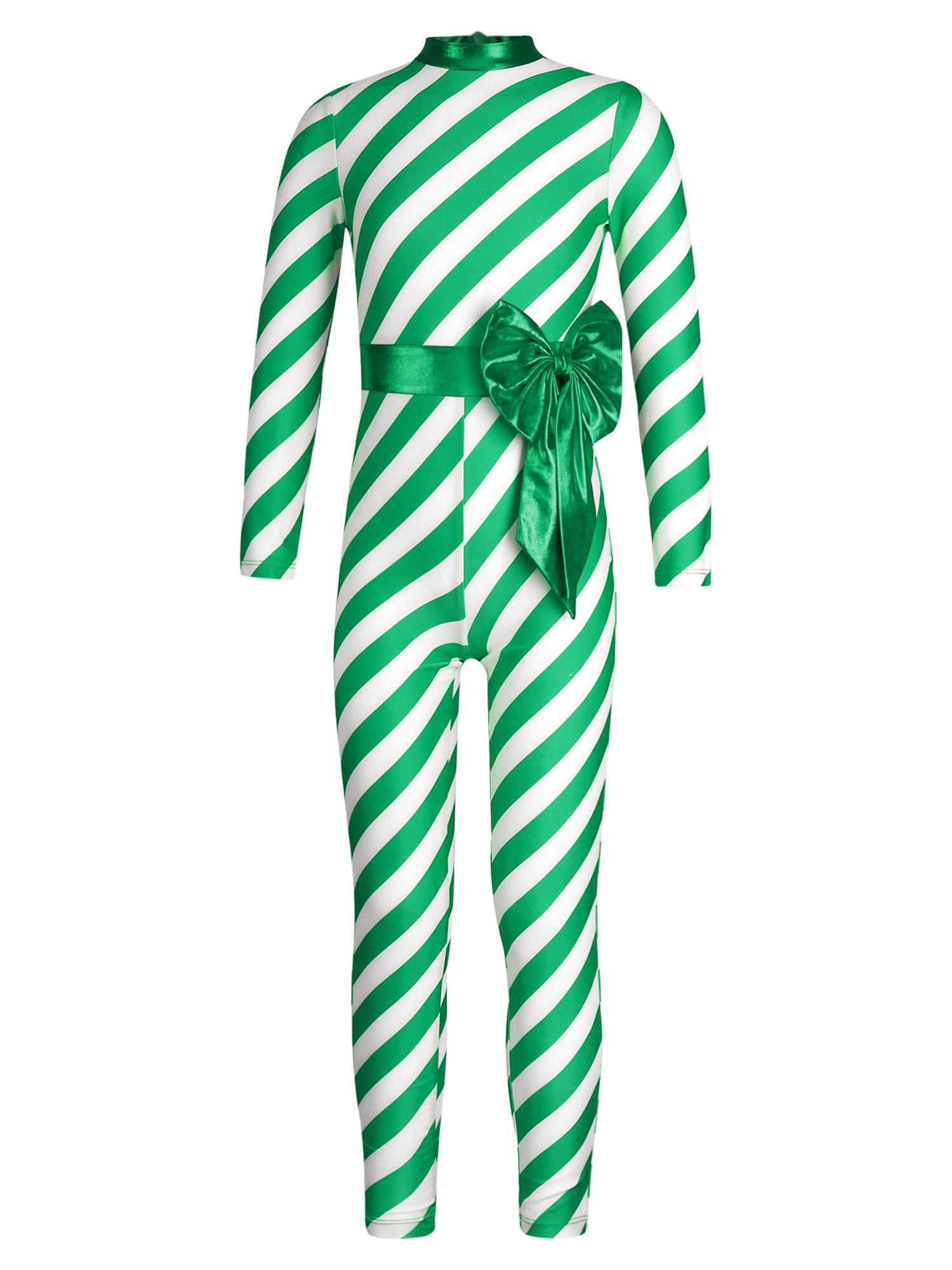 Kids Girls Christmas Long Sleeve Bowknot Stripe Jumpsuit