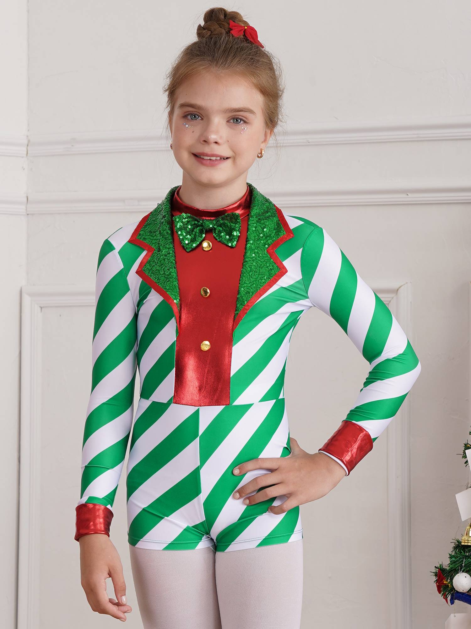 Kids Girls Christmas Santa Costume Long Sleeve Sequins Stripes Romper