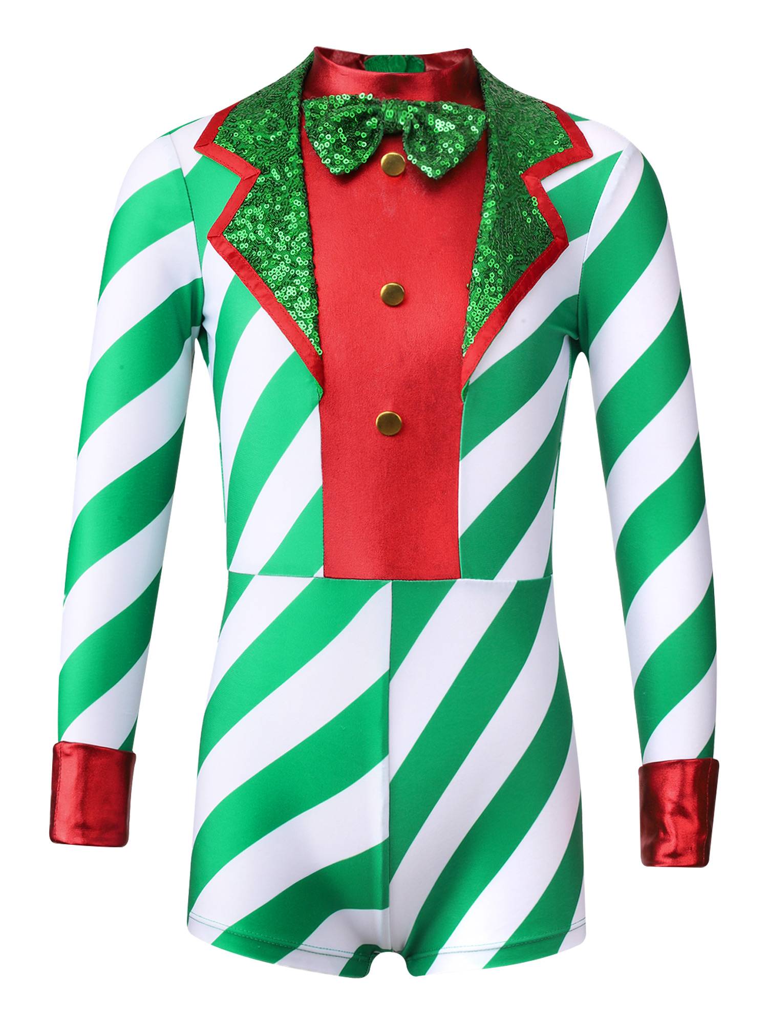 Kids Girls Christmas Santa Costume Long Sleeve Sequins Stripes Romper