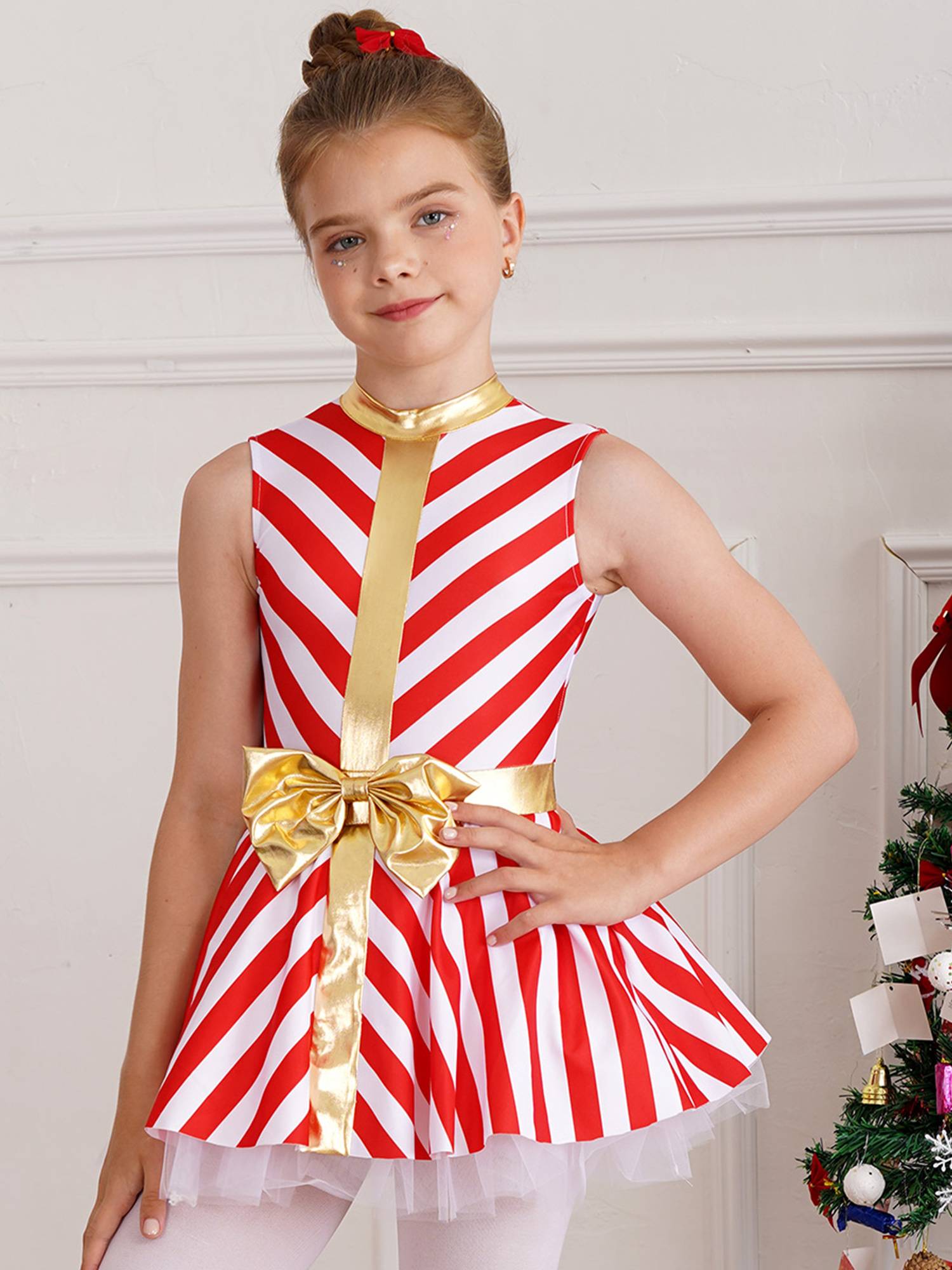 Kids Girls Christmas Sleeveless Stripe Santa Candy Cane Tutu Dress