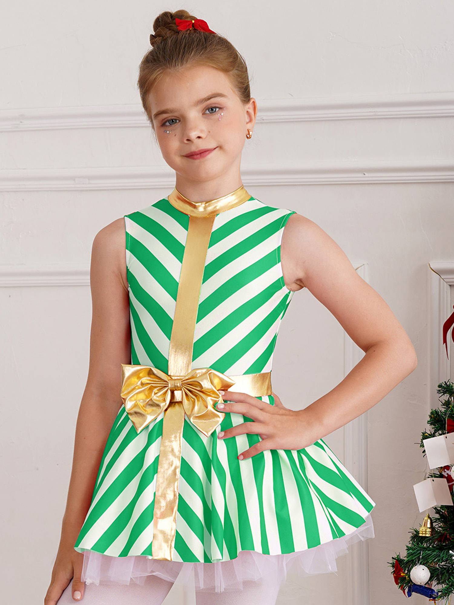 Kids Girls Christmas Sleeveless Stripe Santa Candy Cane Tutu Dress