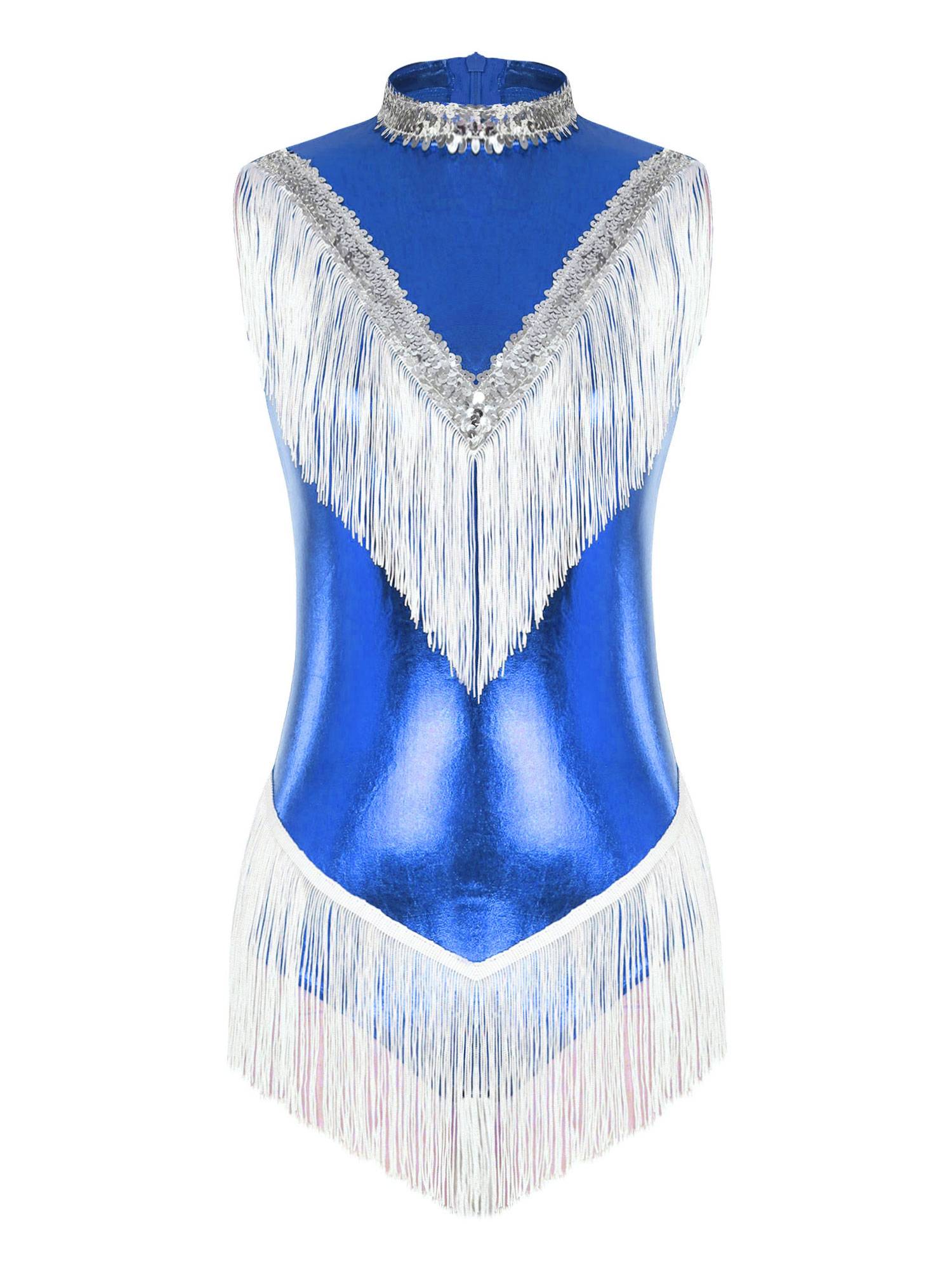 Women Sleeveless Sequins Tassel Latin Dance Leotard