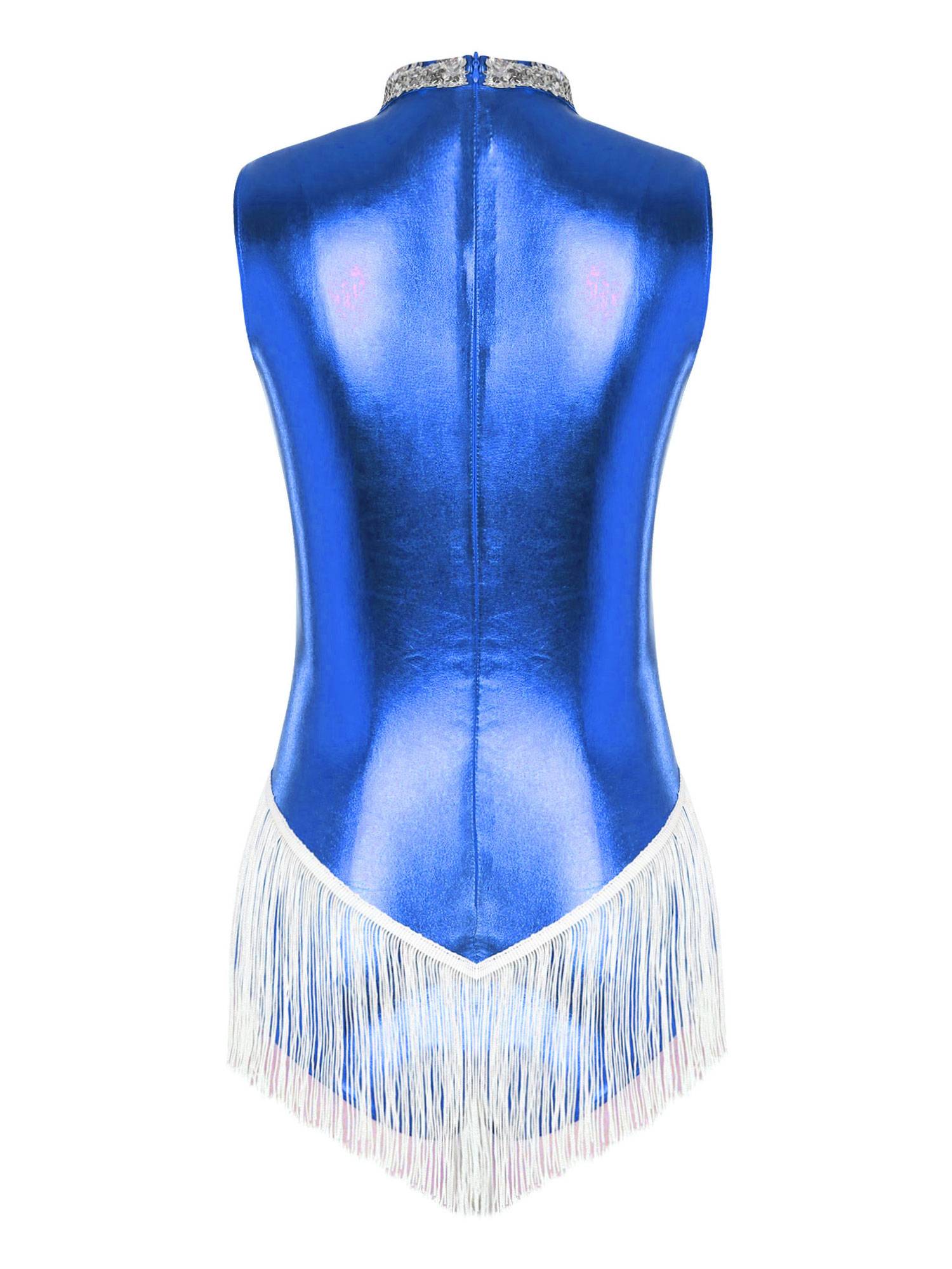 Women Sleeveless Sequins Tassel Latin Dance Leotard