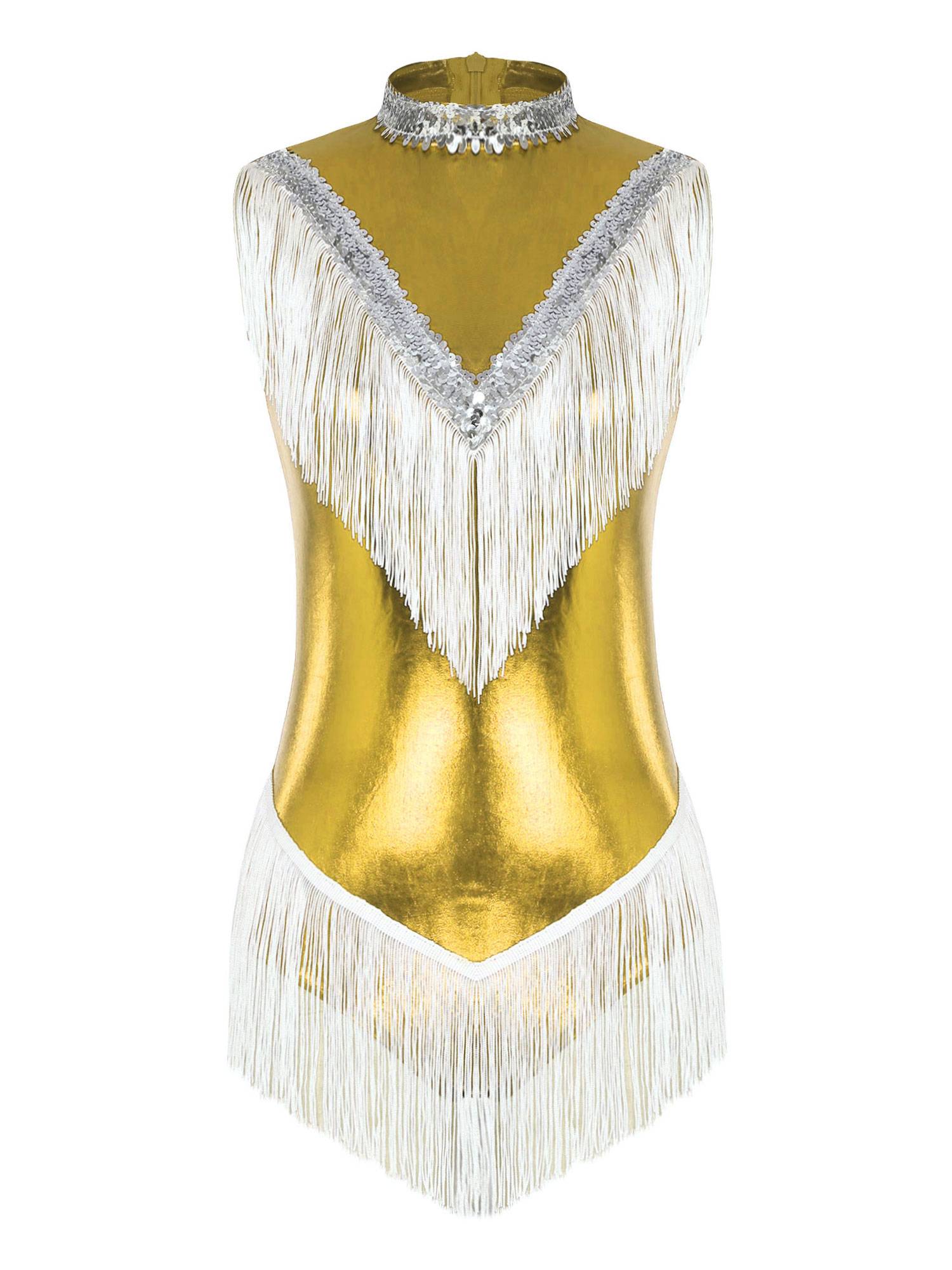 Women Sleeveless Sequins Tassel Latin Dance Leotard