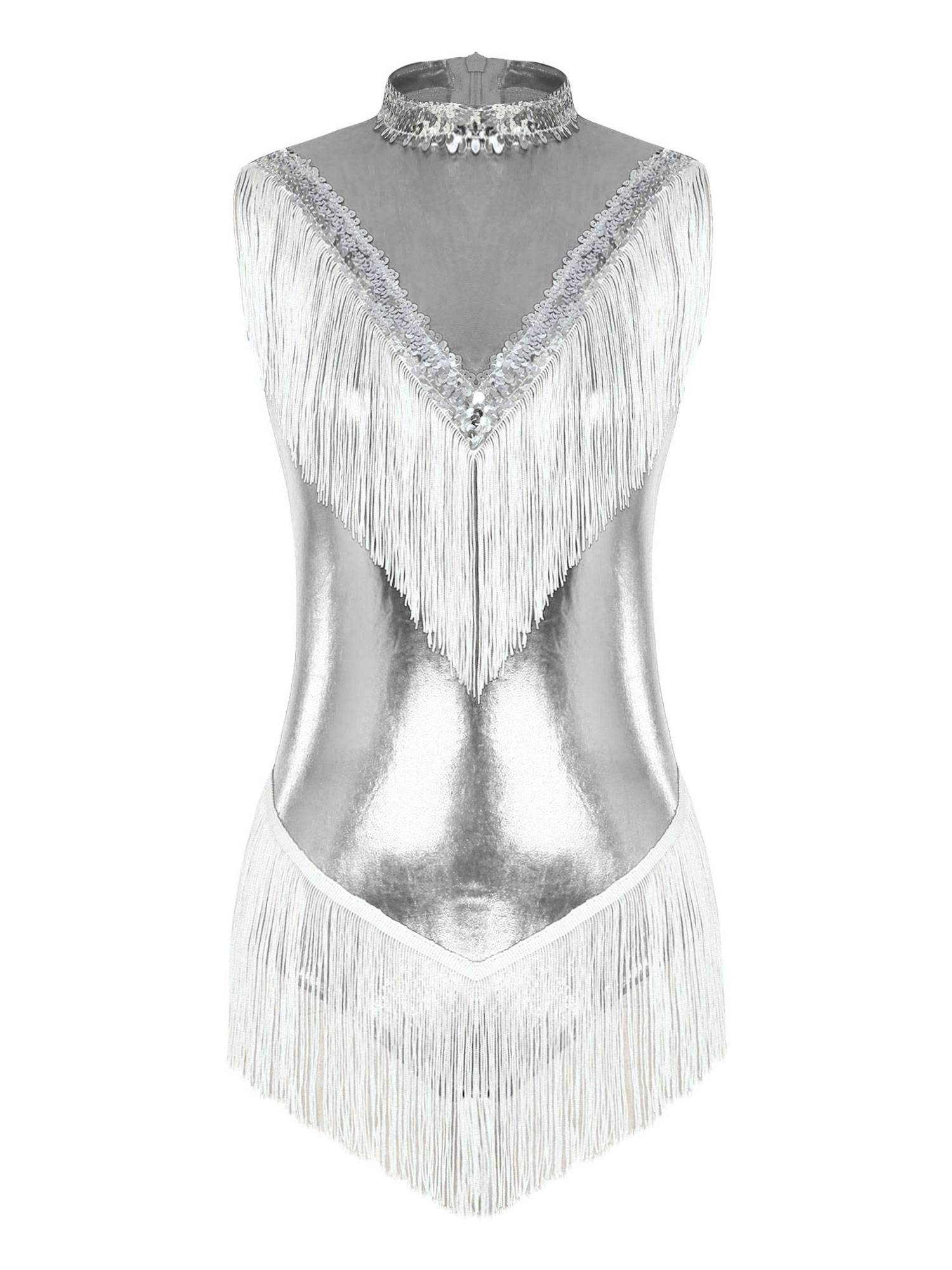 Women Sleeveless Sequins Tassel Latin Dance Leotard
