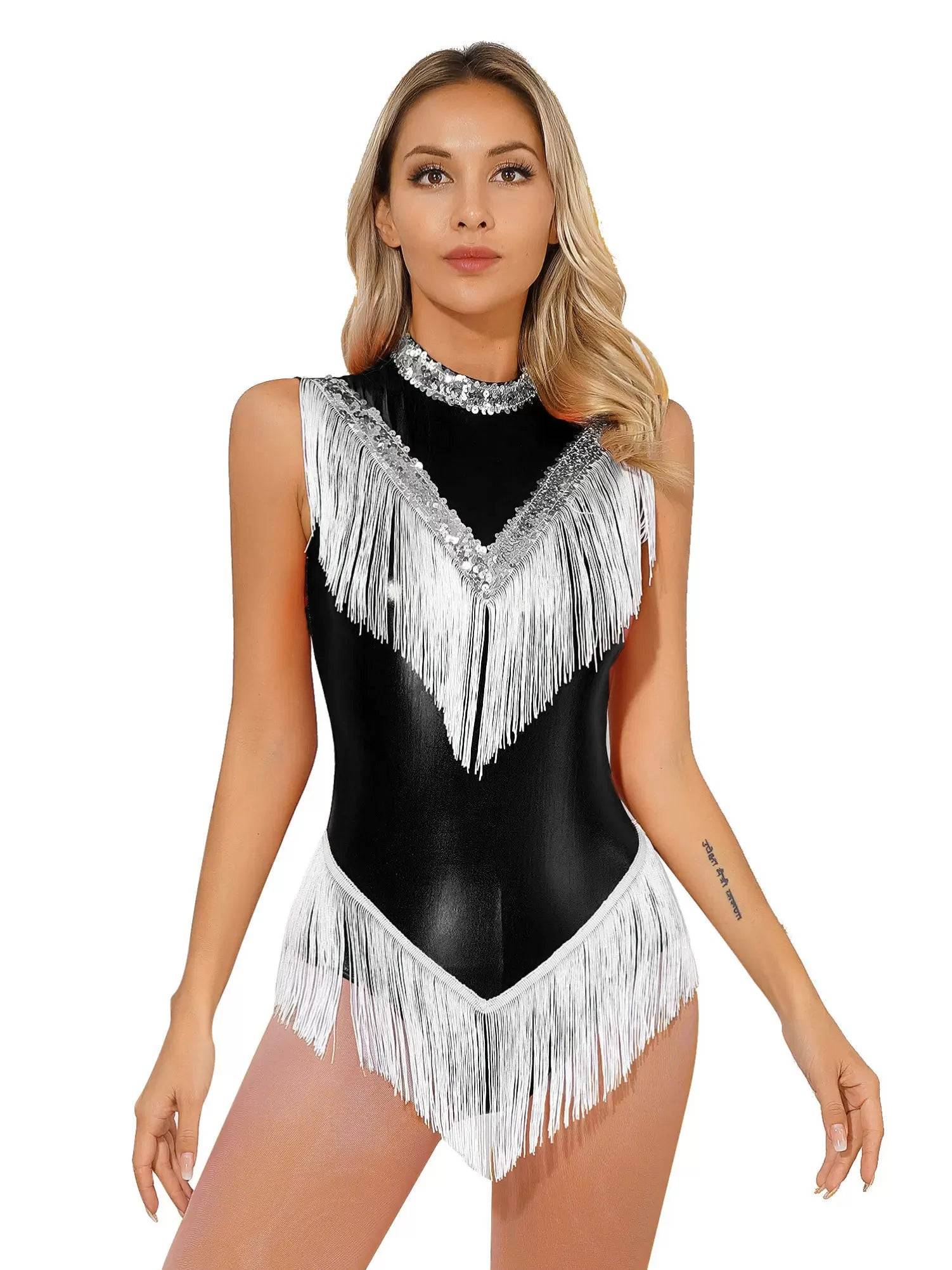 Women Sleeveless Sequins Tassel Latin Dance Leotard
