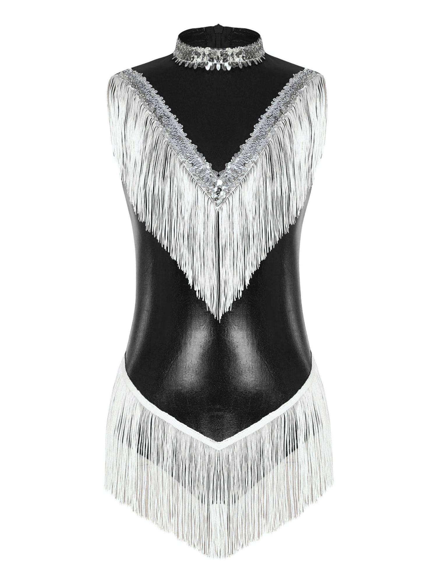 Women Sleeveless Sequins Tassel Latin Dance Leotard