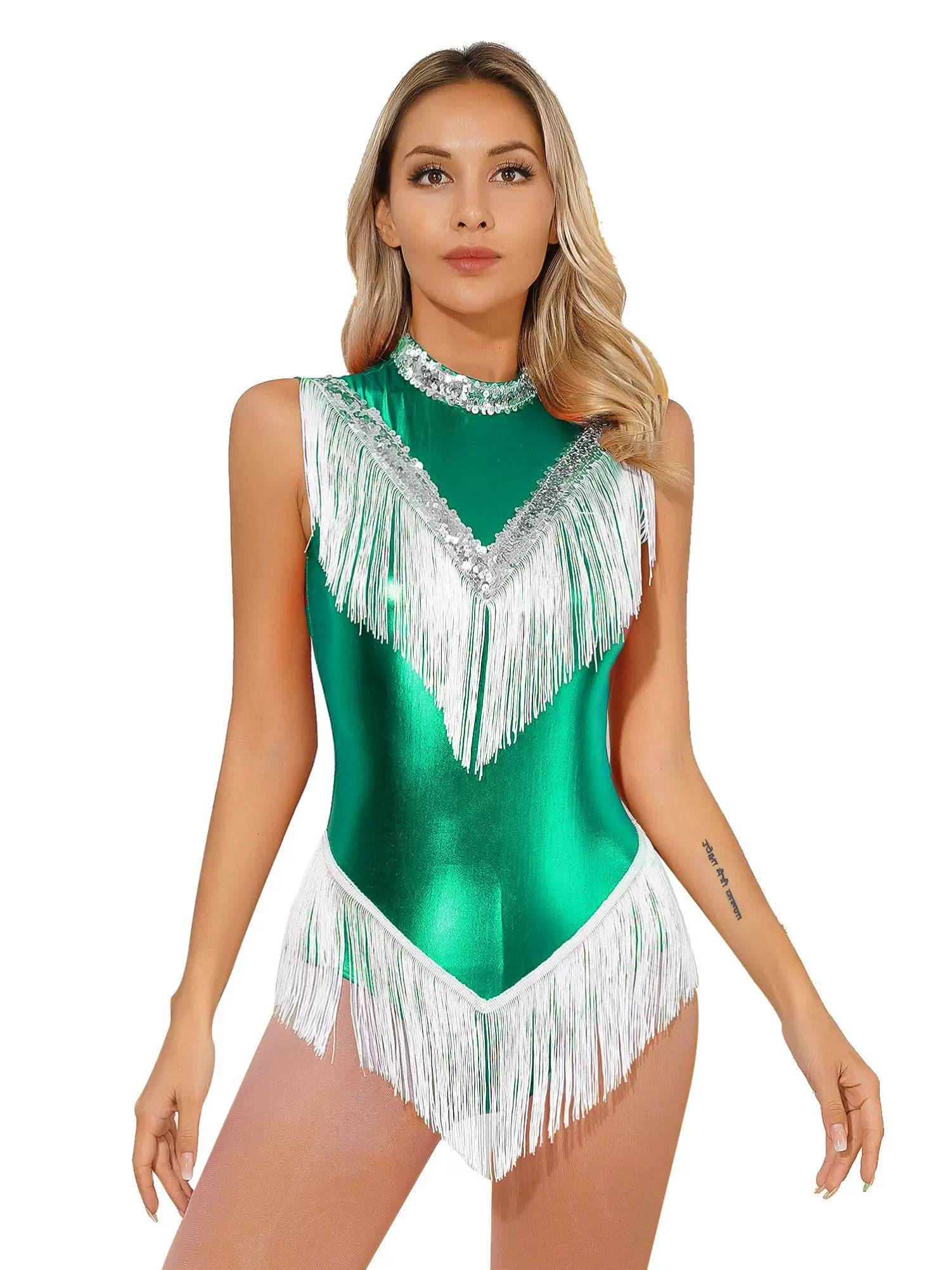 Women Sleeveless Sequins Tassel Latin Dance Leotard